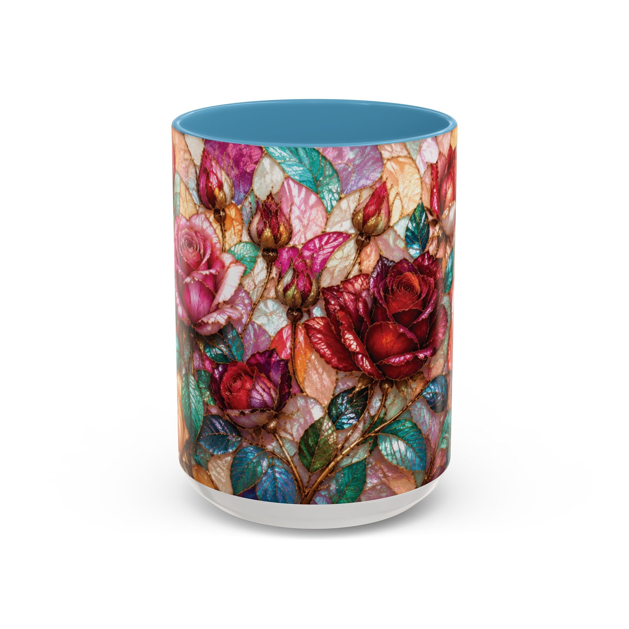 Floral Stained-Glass Accent Coffee Mug Colorful Rose Pattern (11/15 oz) Gift for Her