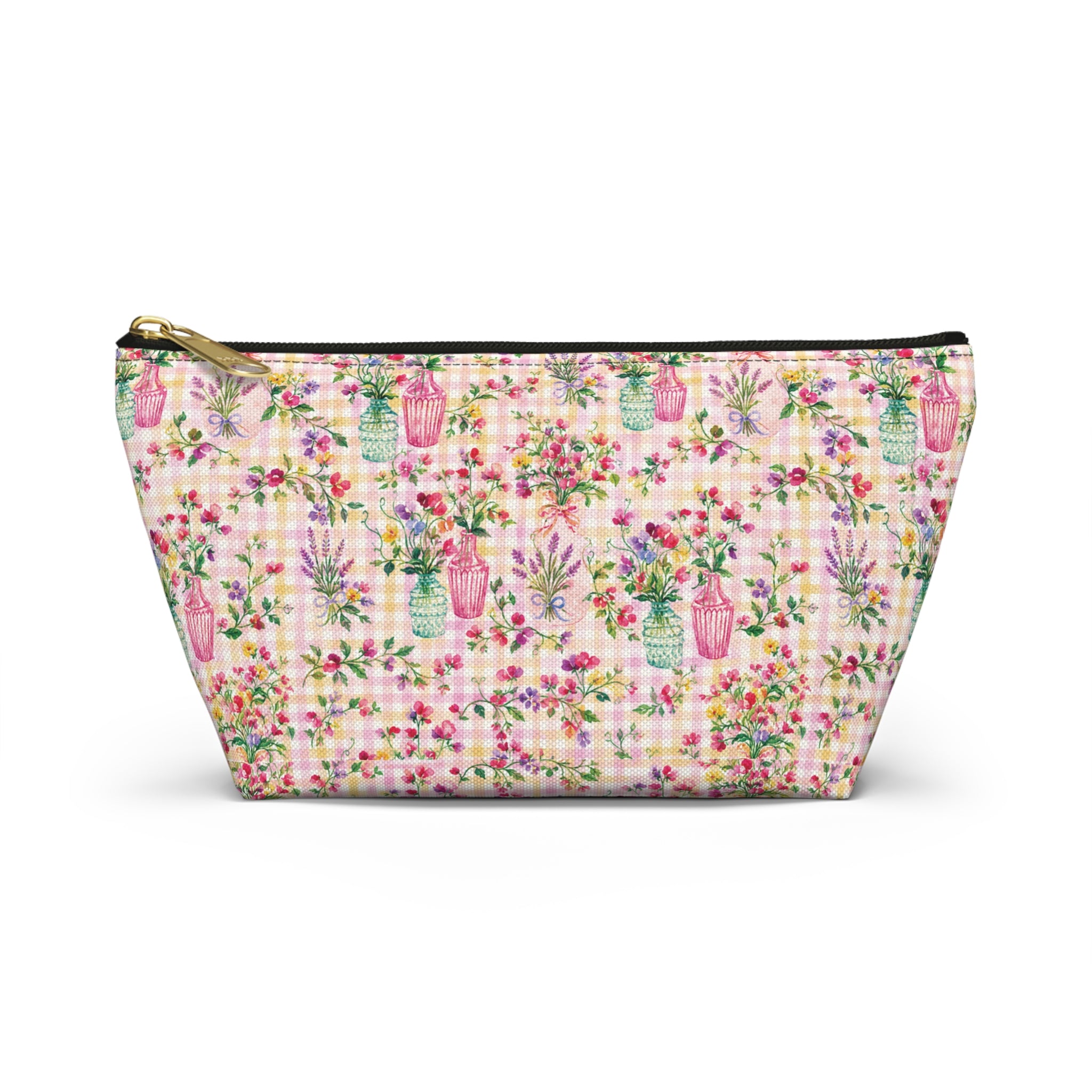 Turquoise & Pink Floral Checker Accessory Pouch (T-Bottom) Makeup, Bag Gift for Her