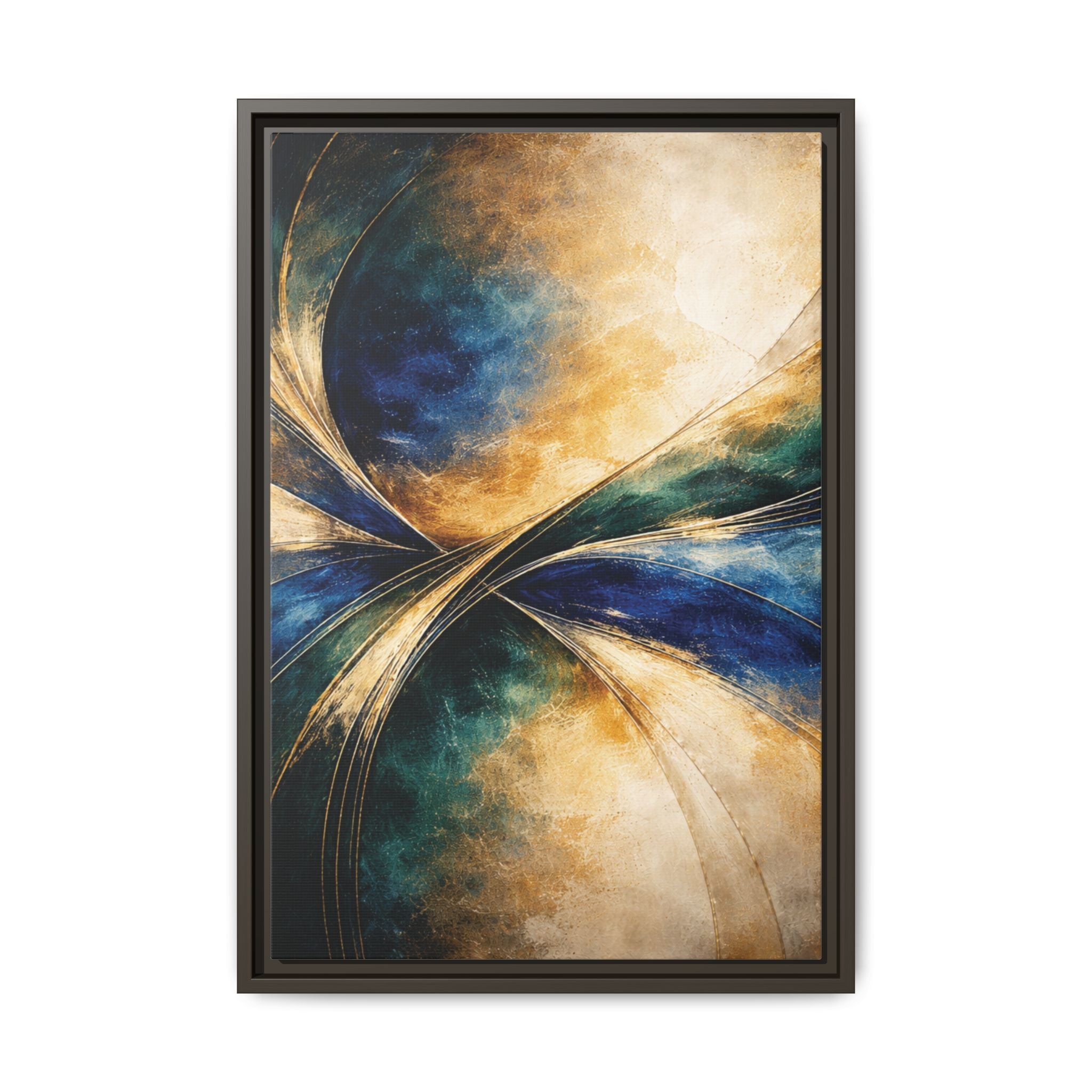 Gilded Convergence  Luxe NeoDeco Blue & Gold Abstract Wall Art Framed