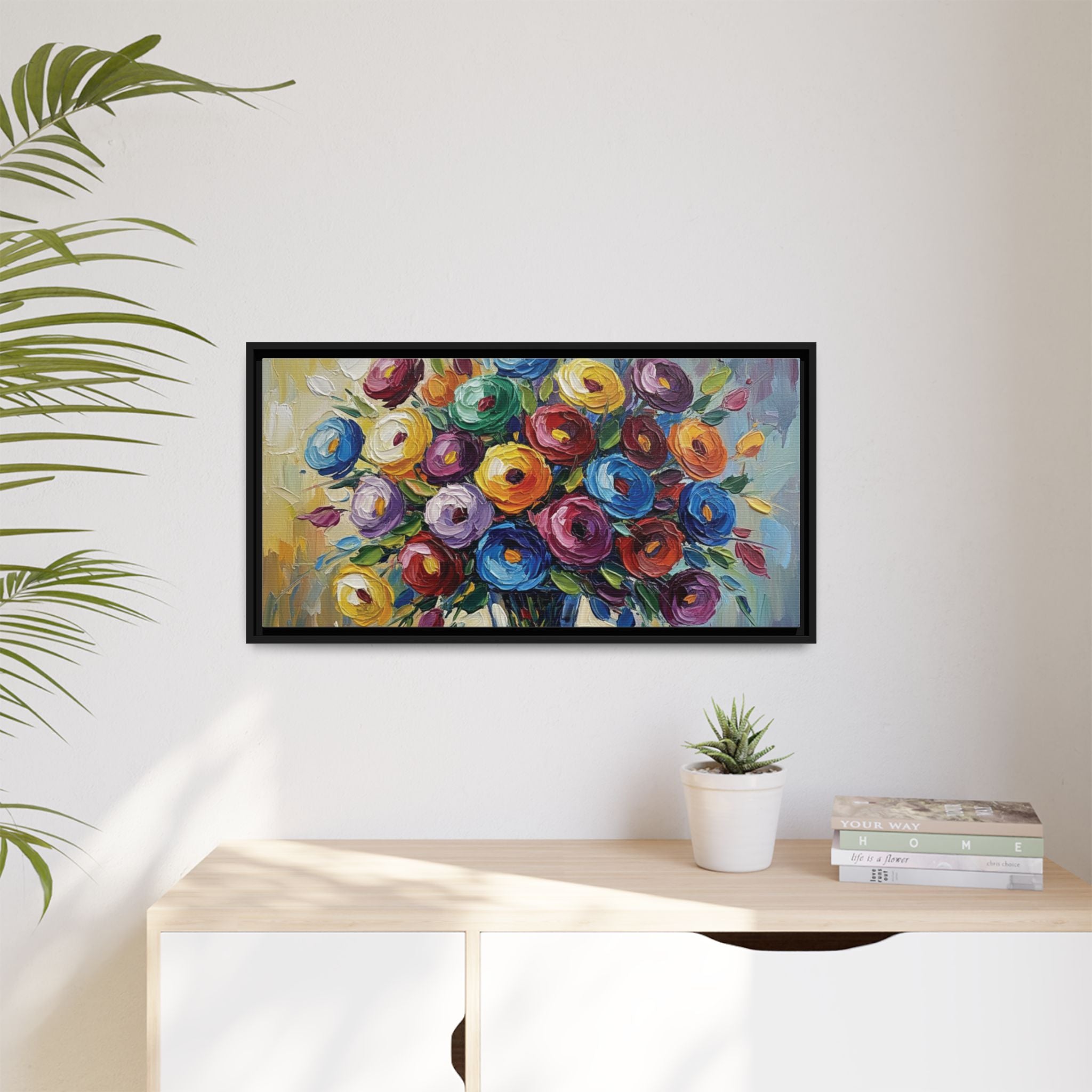 Impression sur toile bouquet floral aquarelle - Tableau mural encadré mat - Illusion de peinture à l'huile vibrante
