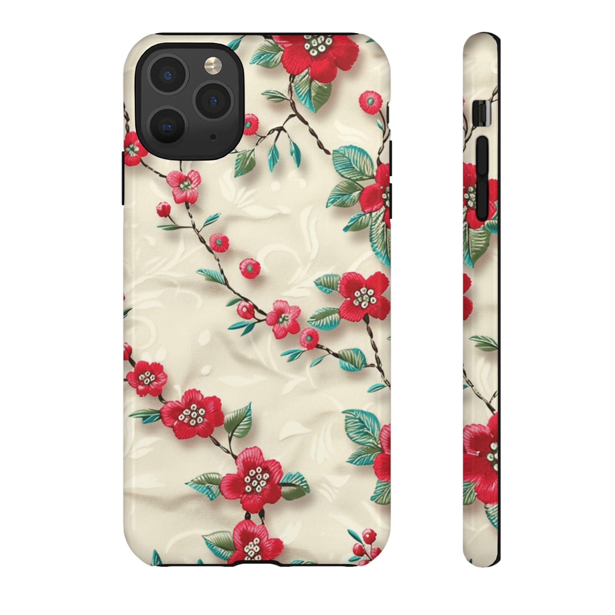 3D Embroidery Illusion Red Flowers Phone Case for iPhone, Samsung Pixel Artistic Floral Protection 15 14 13 12, 21 23 Gift for Her Perfect for Floral Lover