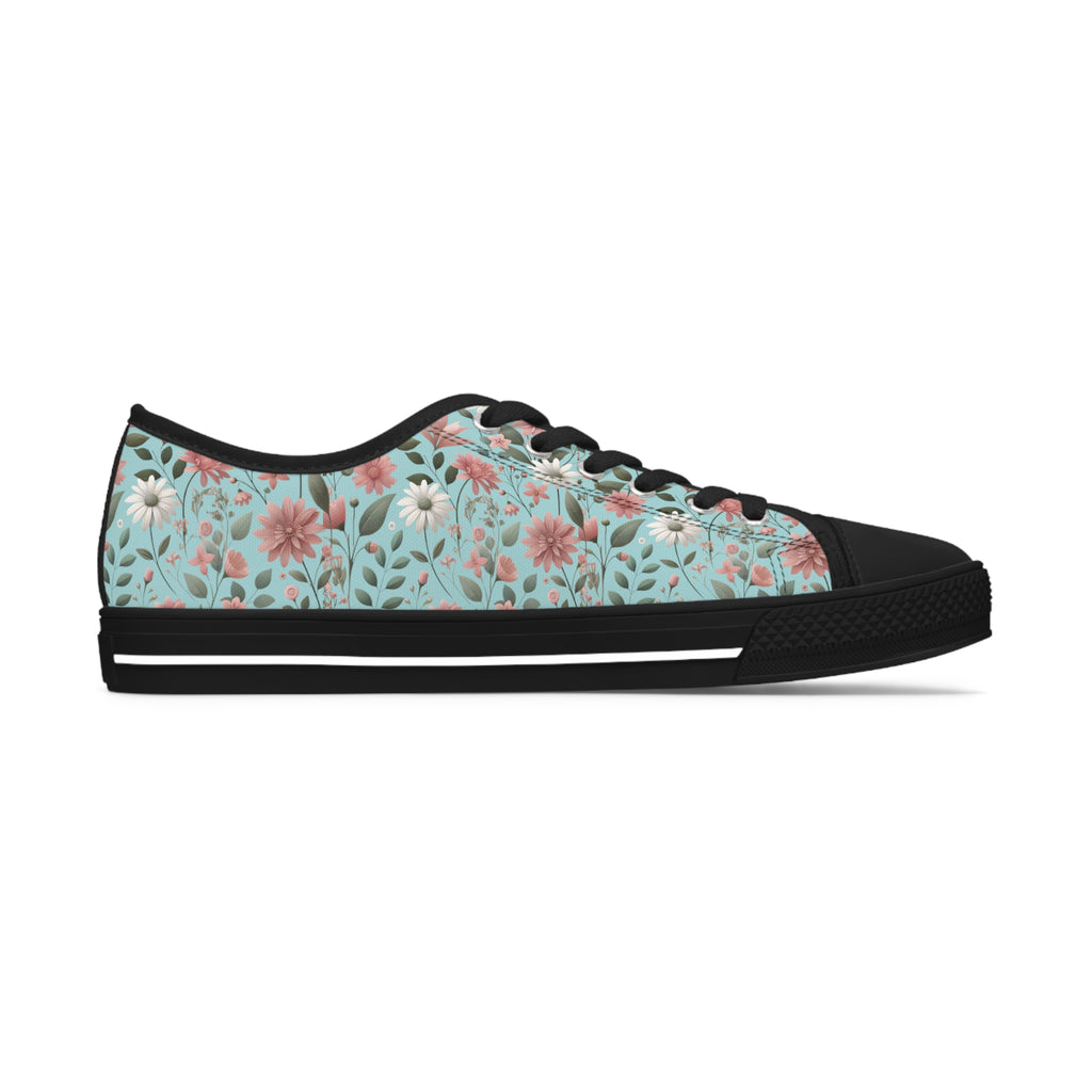 Aqua and Pink Floral Women's Low Top Sneakers Breathable Polyester Canvas, Lightweight Stylish Floral Pastel Design, Comfortable All-Day Wear, Perfect for Walking and Everyday Activities - MRSBYVALLE