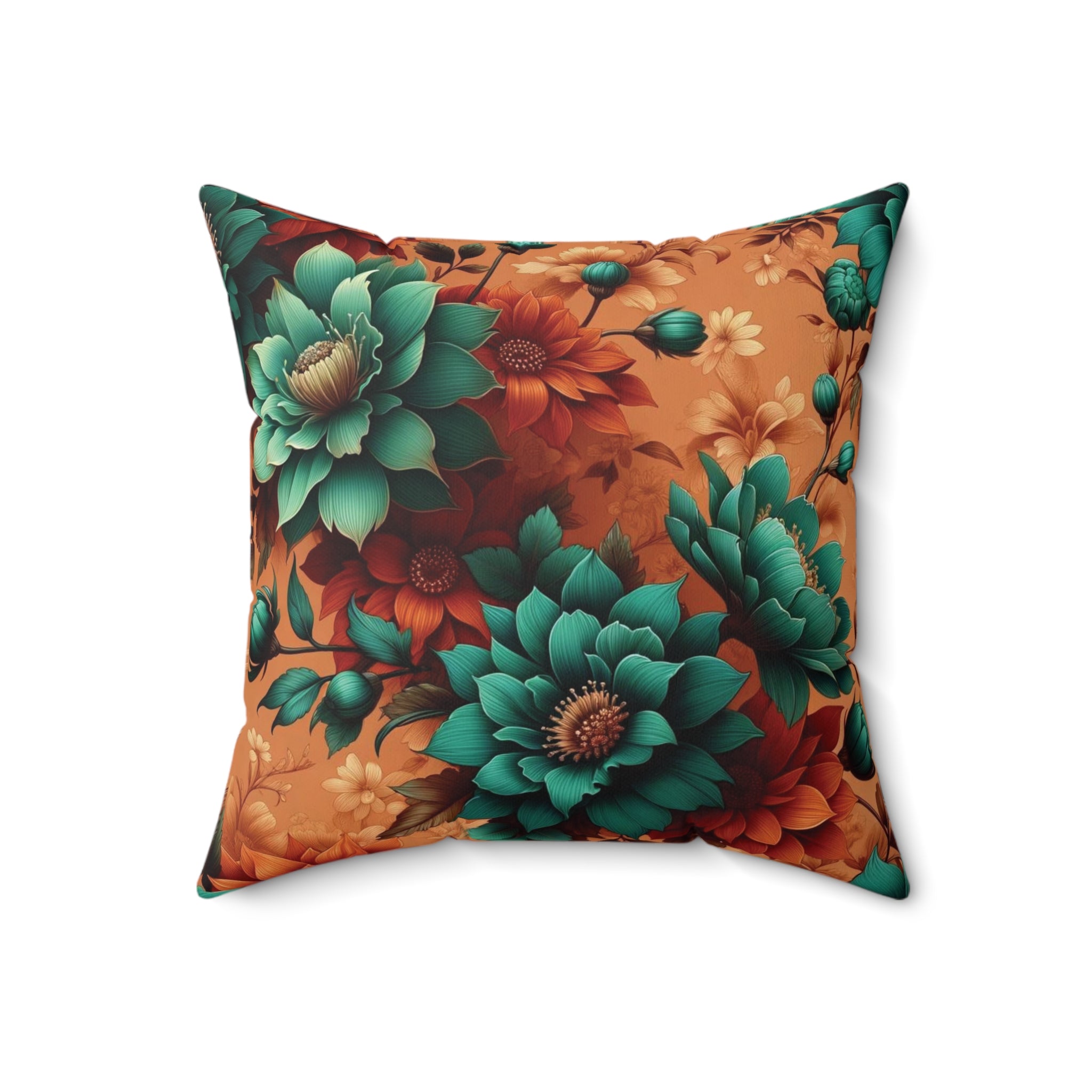 Aqua and Burnt Orange Floral Bliss Luxurious Chenille Decorative Pillow Living Room Comfort for Bedroom or Housewarming Gift New House, Bridal Shower Gift - MRSBYVALLE