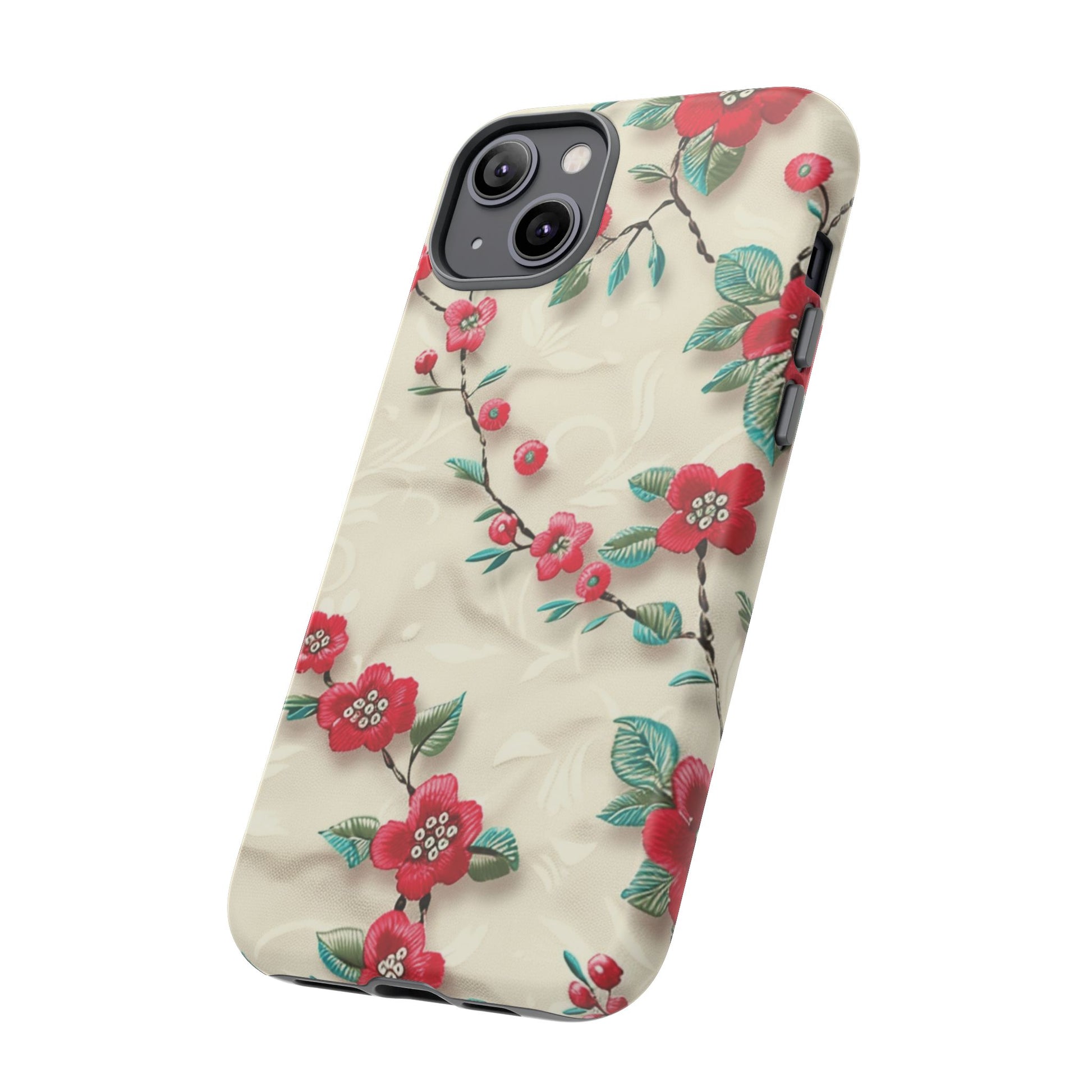 3D Embroidery Illusion Red Flowers Phone Case for iPhone, Samsung Pixel Artistic Floral Protection 15 14 13 12, 21 23 Gift for Her Perfect for Floral Lover