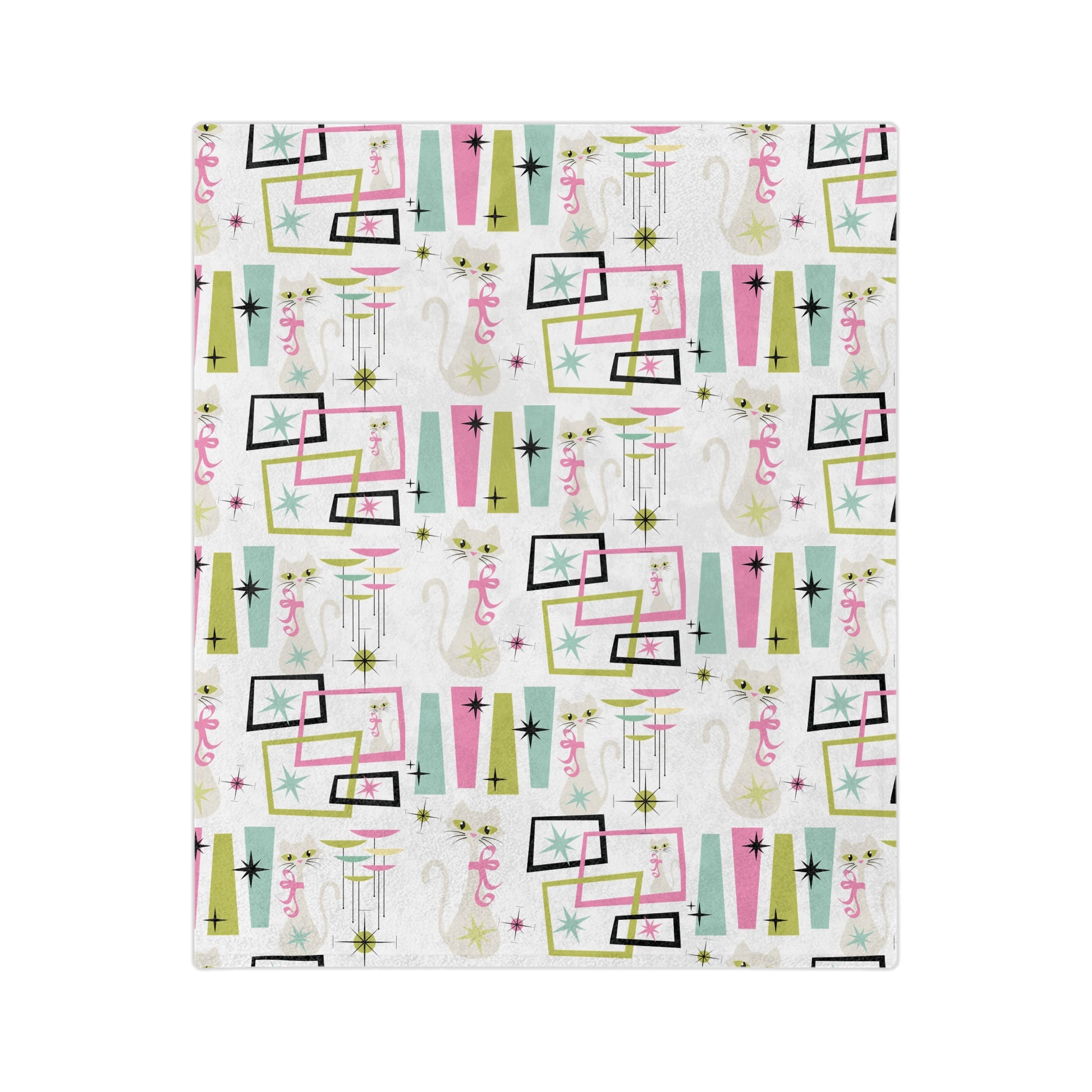 Pastel Atomic Kitty Cats Square Minky Blanket  Retro Mid-Century Modern Style for a Chic Throw in 60x50 & 80x60, Vintage Lightweight, Warm, Perfect for Home & Gift Giving Housewarming Gift Throw