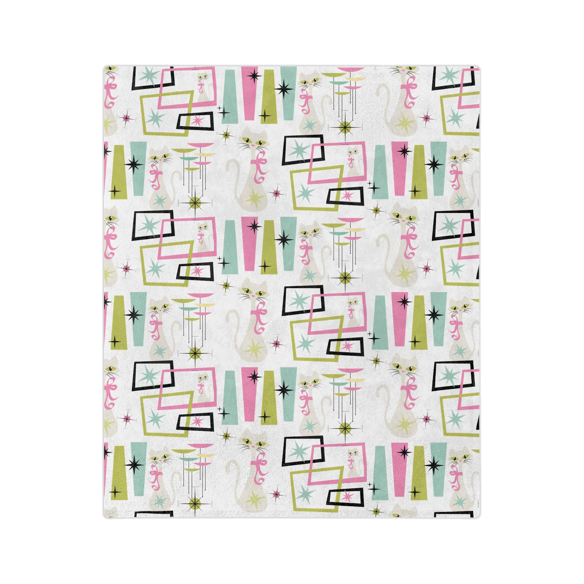 Pastel Atomic Kitty Cats Square Minky Blanket  Retro Mid-Century Modern Style for a Chic Throw in 60x50 & 80x60, Vintage Lightweight, Warm, Perfect for Home & Gift Giving Housewarming Gift Throw