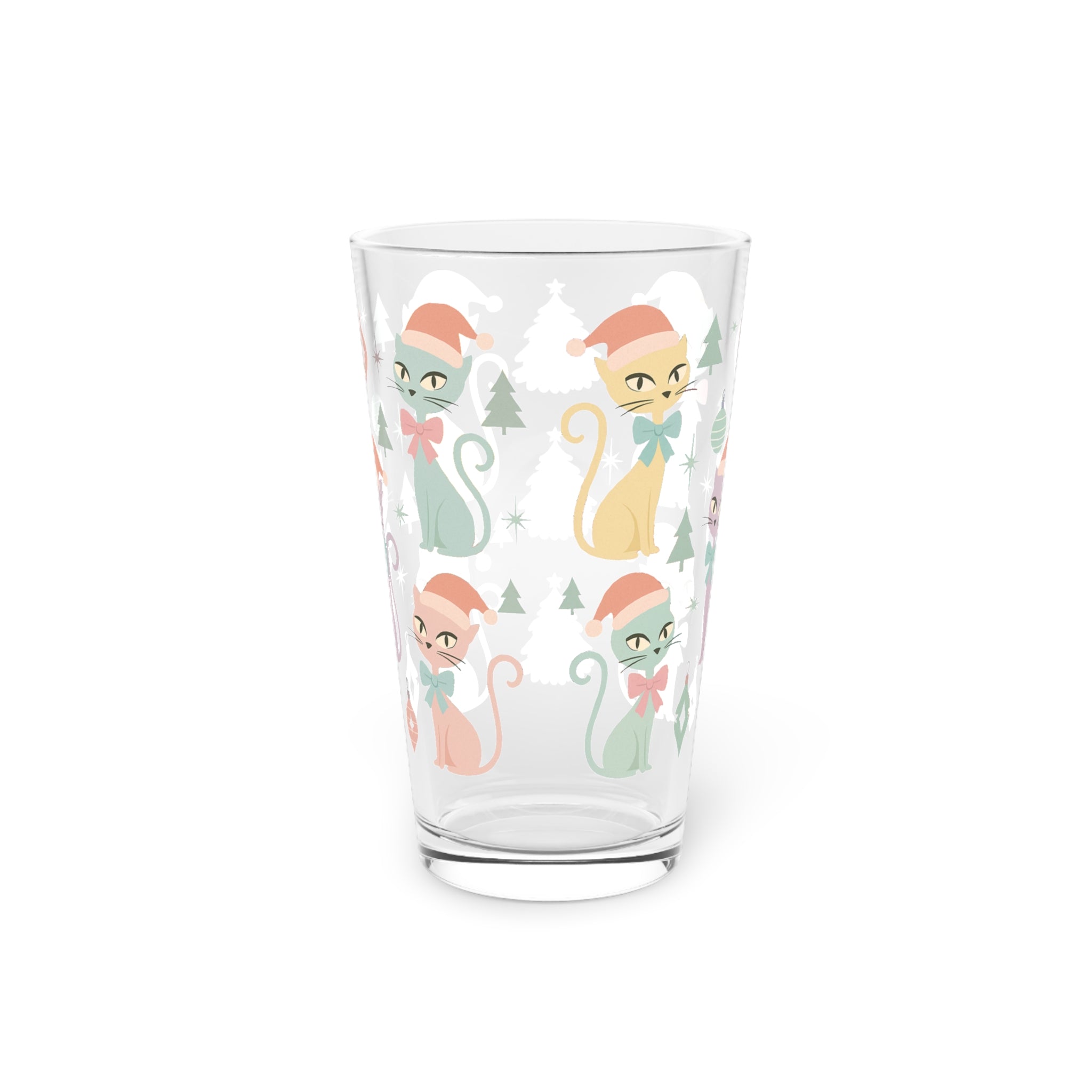Pastel Atomic Cat Pint Glass, 16oz Retro Mid Century Modern Drinkware, Vintage Kitty Cup with Coquette Bow, Cute Aesthetic Bar Glass for Cat Lovers