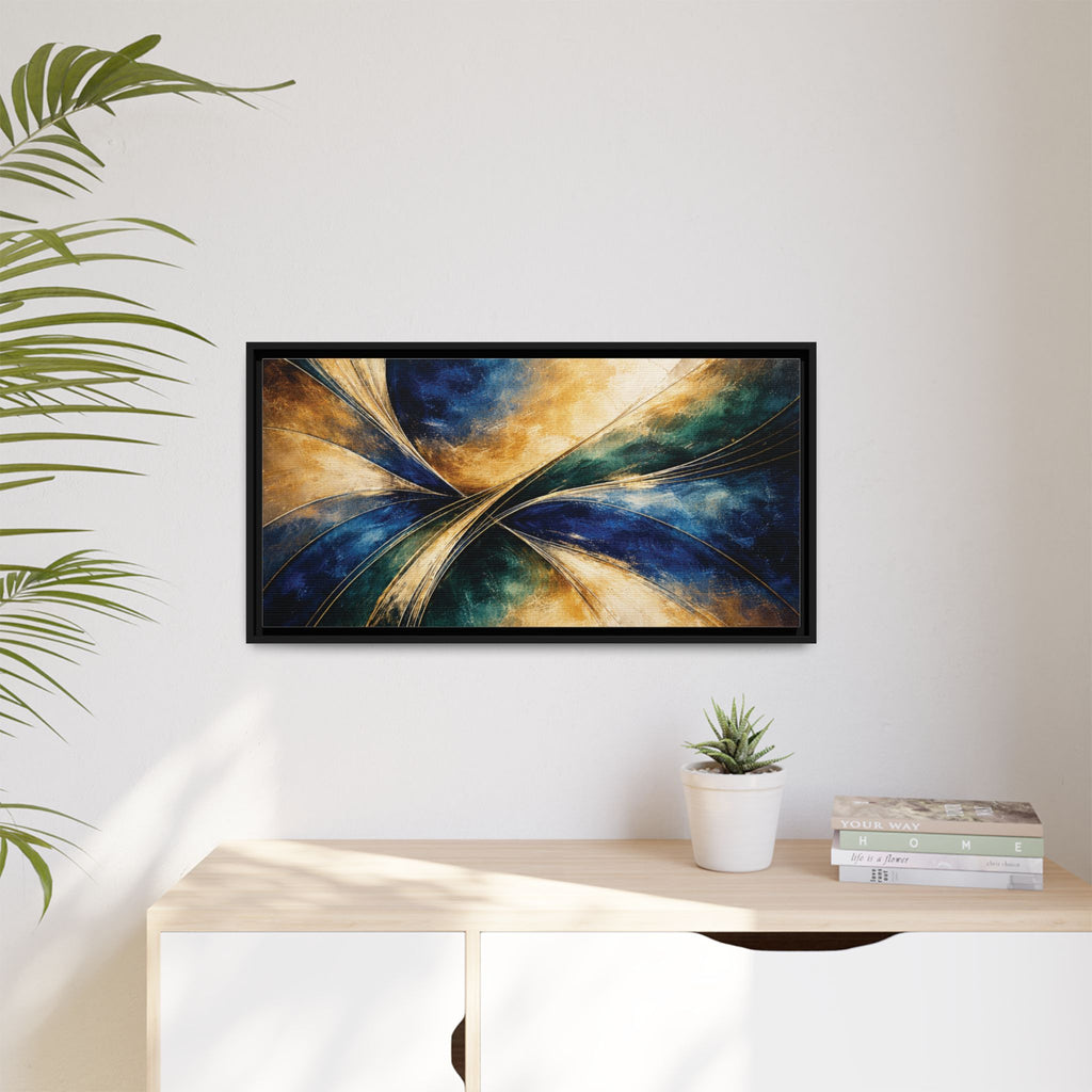 Gilded Convergence  Luxe NeoDeco Blue & Gold Abstract Wall Art Framed