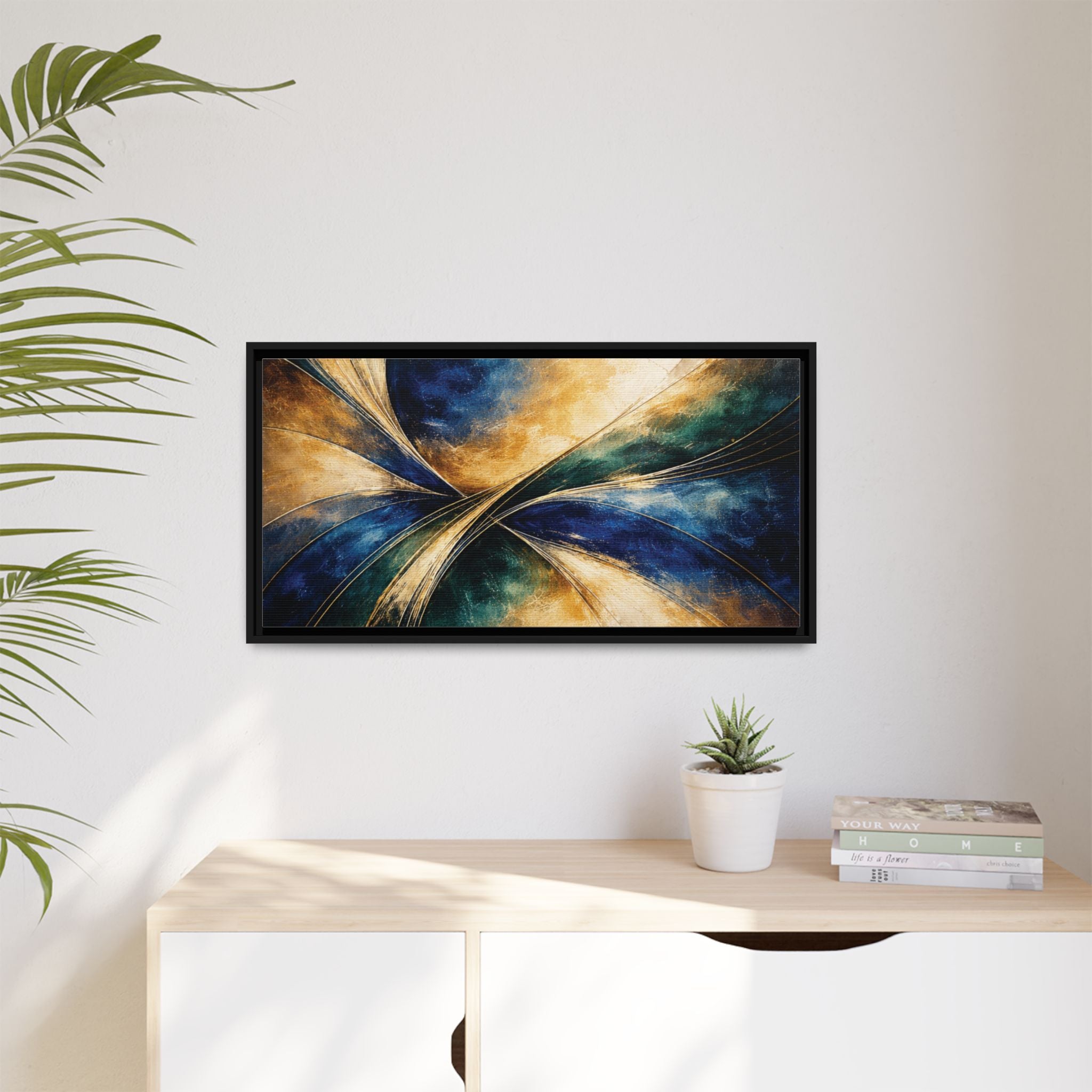 Gilded Convergence  Luxe NeoDeco Blue & Gold Abstract Wall Art Framed