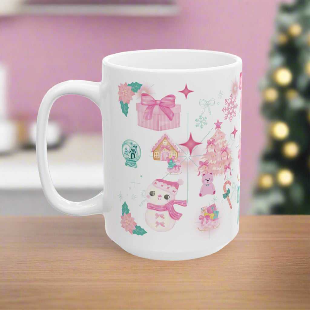White mug with festive designs including snowmen, presents, and stars on a white background