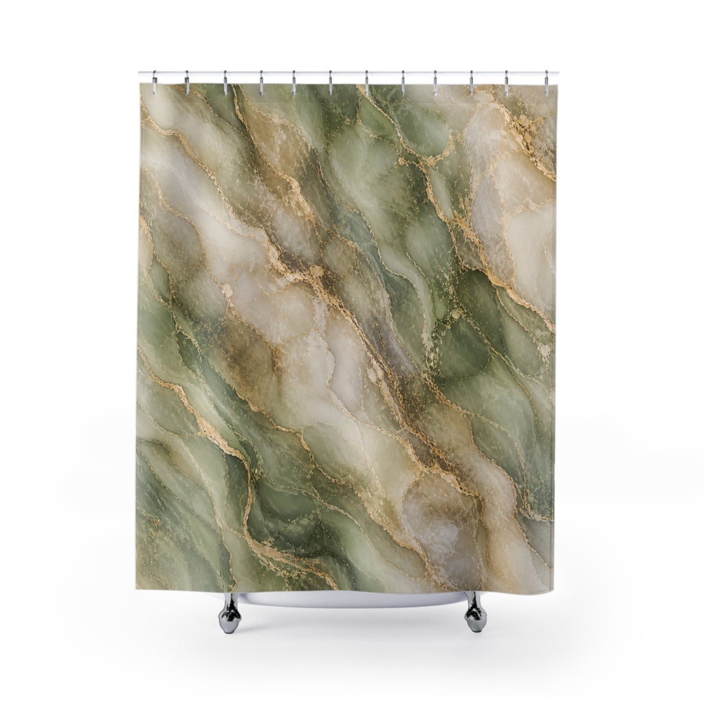 Elegant Green & Gold Marble Shower Curtain — Pastel Beige Veined Home Décor