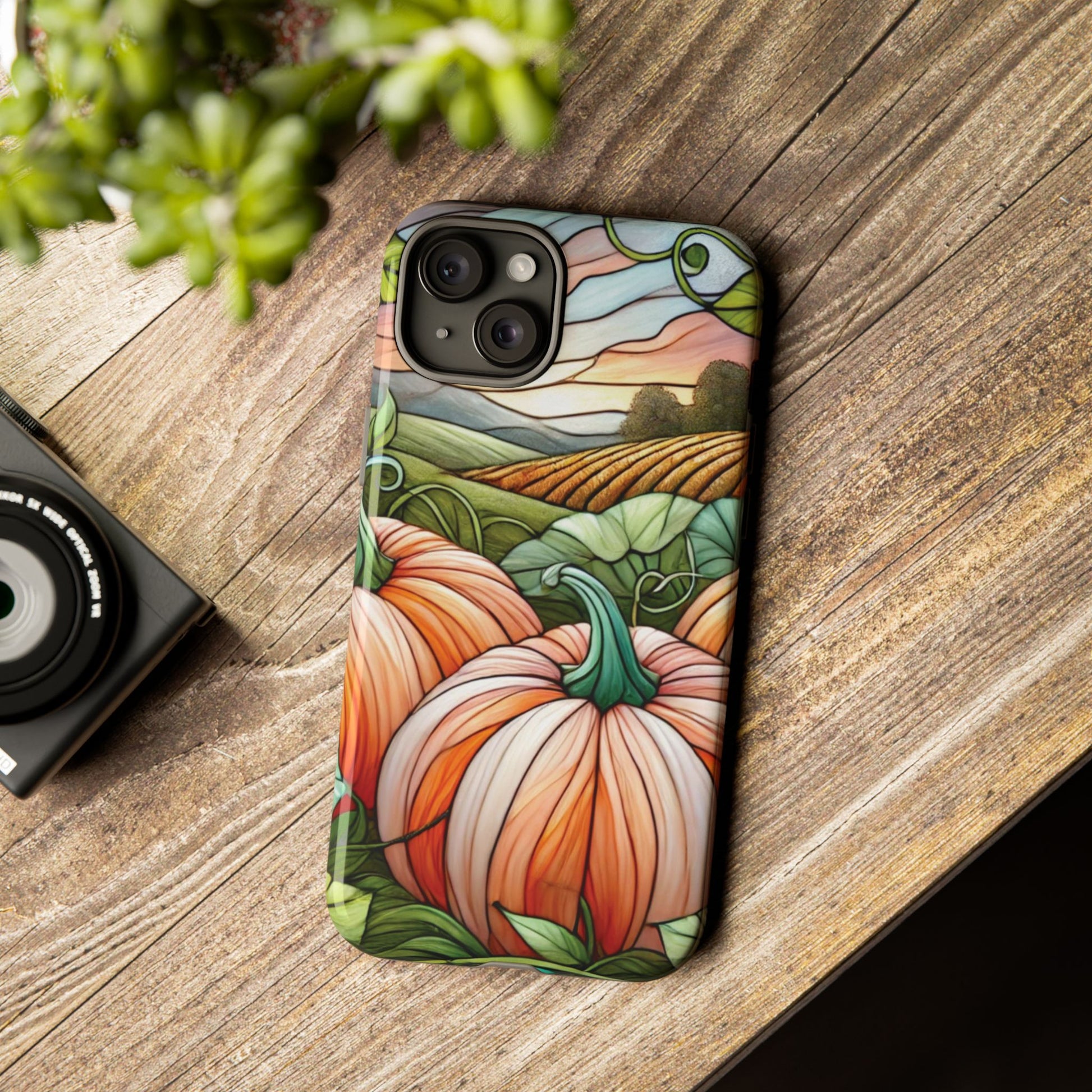 Pumpkins Phone Case Fall Faux Stained-Glass Thanksgiving Cover Pumpkin Lovers Gift for Galaxy S 24 23 22 21 Pixel 5 6 7 8 iPhone 17 , 16 15 14 13 12 Samsung iPhone Samsung Gift for Her