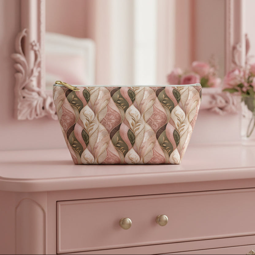 Braided Floral Accessory Pouch — Pink & Olive T‑Bottom Cosmetic Bag