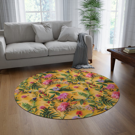 Yellow Floral Round Rug 60x60  Modern Boho Area Rug for Living Room & Bedroom Décor | Vibrant Accent Floor Mat Adds Style & Elegance and Perfect for Entryways Livingroom