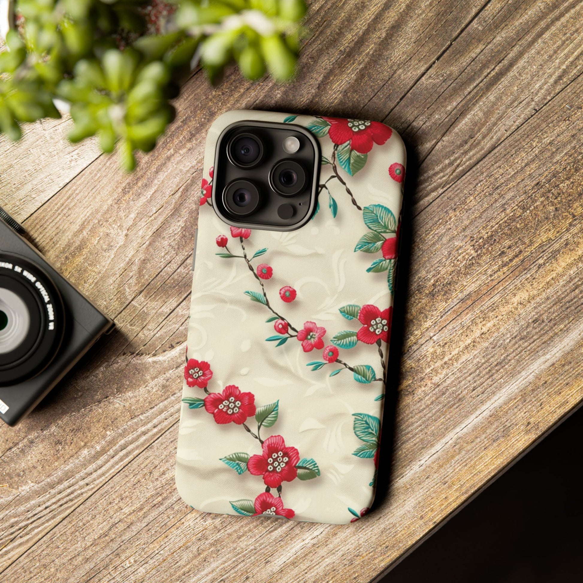 3D Embroidery Illusion Red Flowers Phone Case for iPhone, Samsung Pixel Artistic Floral Protection 15 14 13 12, 21 23 Gift for Her Perfect for Floral Lover