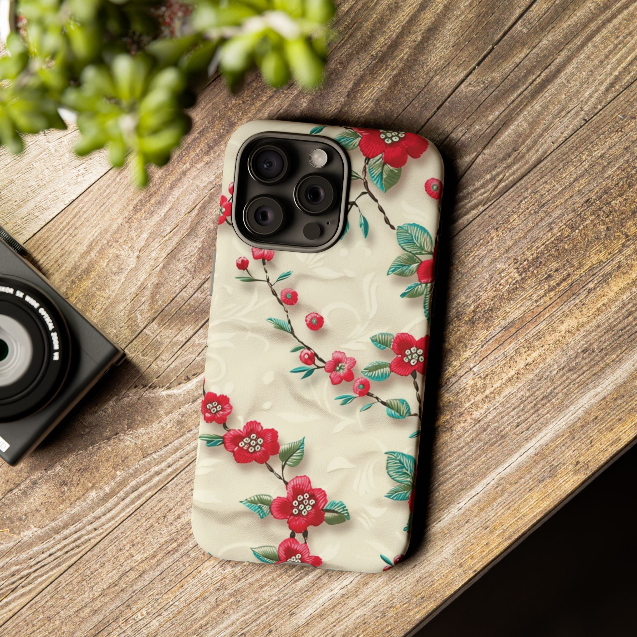 3D Embroidery Illusion Red Flowers Phone Case for iPhone, Samsung Pixel Artistic Floral Protection 15 14 13 12, 21 23 Gift for Her Perfect for Floral Lover