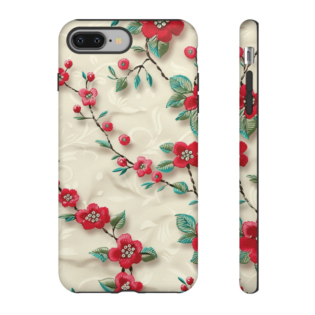 3D Embroidery Illusion Red Flowers Phone Case for iPhone, Samsung Pixel Artistic Floral Protection 15 14 13 12, 21 23 Gift for Her Perfect for Floral Lover