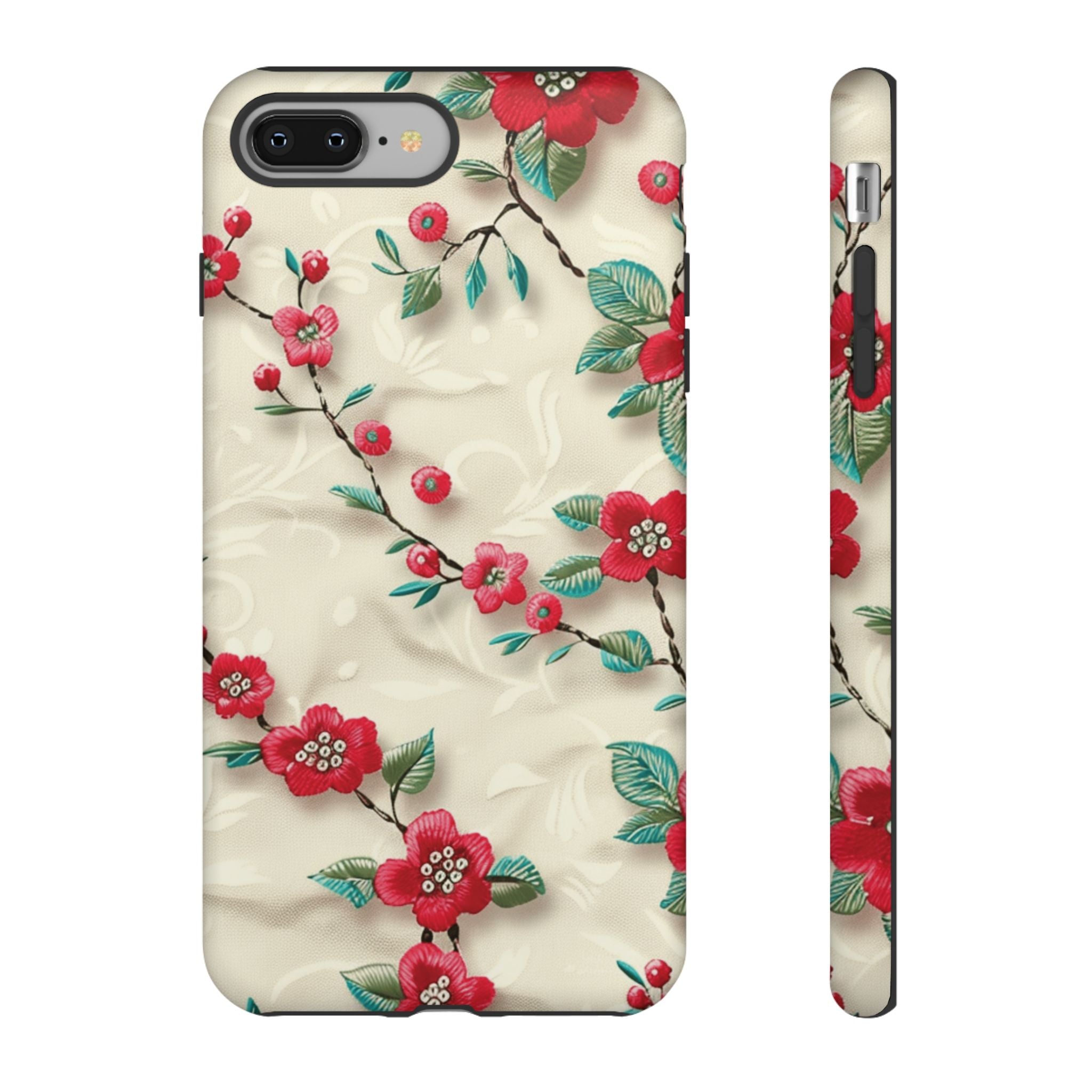 3D Embroidery Illusion Red Flowers Phone Case for iPhone, Samsung Pixel Artistic Floral Protection 15 14 13 12, 21 23 Gift for Her Perfect for Floral Lover
