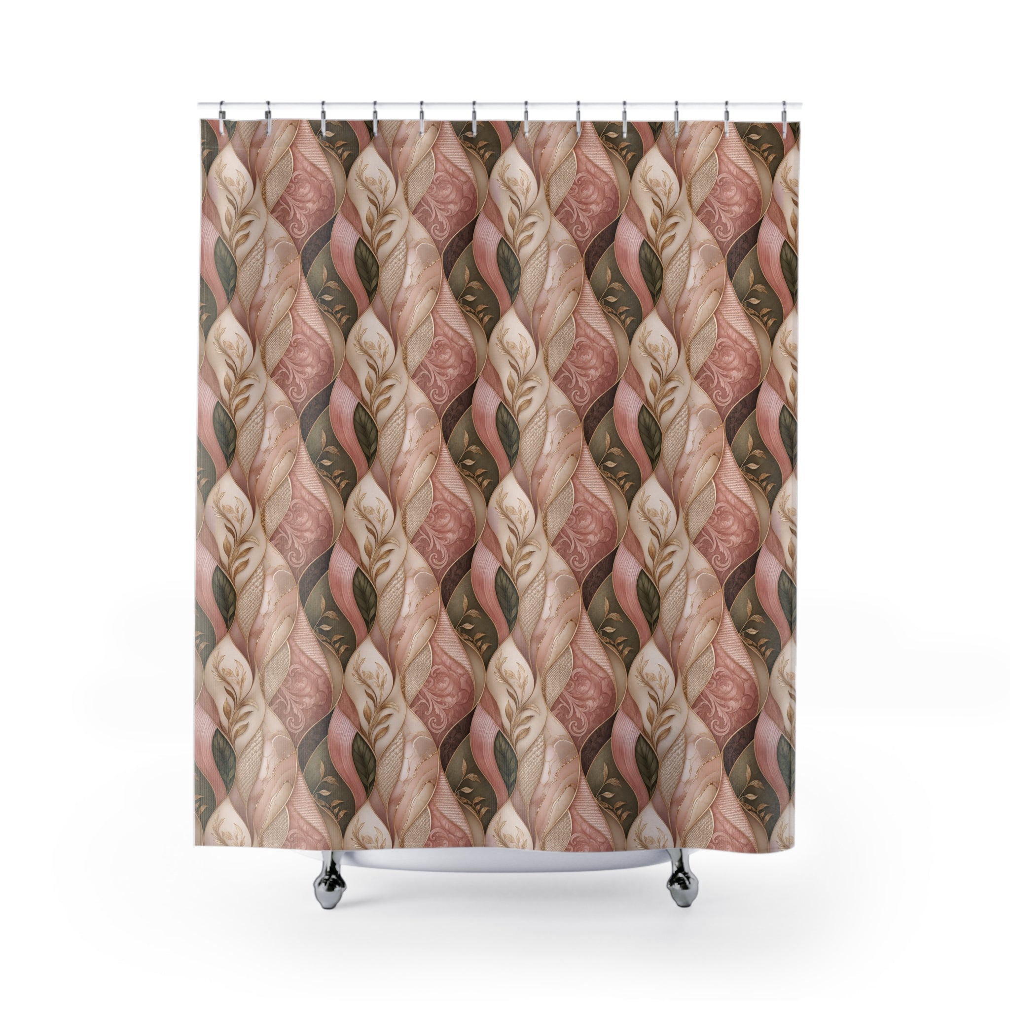Shower Curtain — Pink Braided Leaf Pattern, Botanical Bathroom Decor