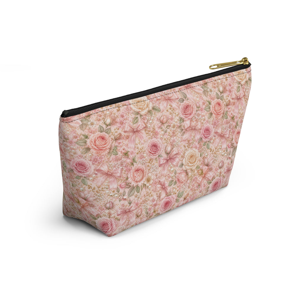 Trousse de Maquillage Nœud en Satin et Rose Poudré, Pochette Cosmétique Fleurie Coquette de Luxe, Organisateur de Voyage Élégant