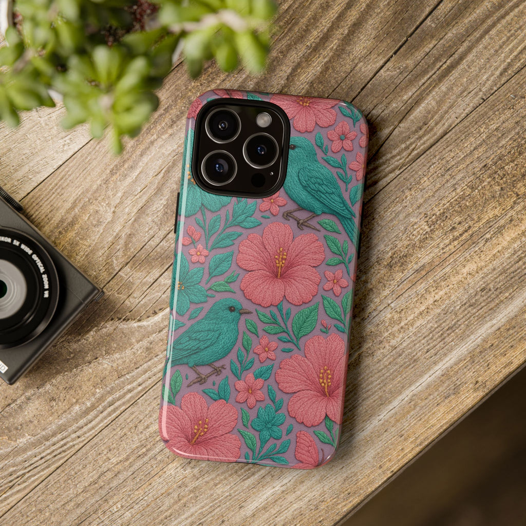 Turquoise, Pink and Lavender 3D Embroidery Illusion Phone Case Tropical Flowers, Birds & Butterflies Cover with Bold, Realistic Floral Texture iPhone, Samsung