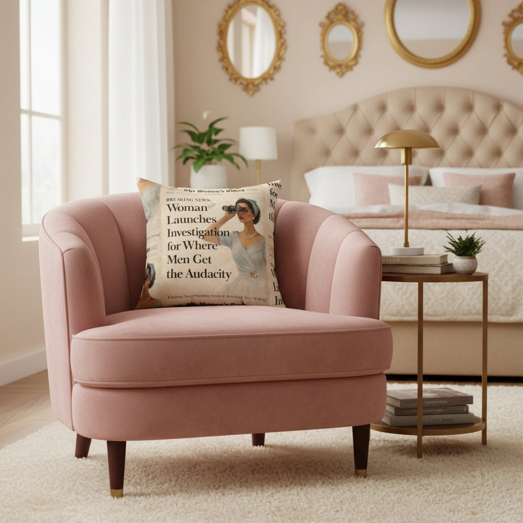 Pillow with a design of a woman from The Women's Times magazine on a white background