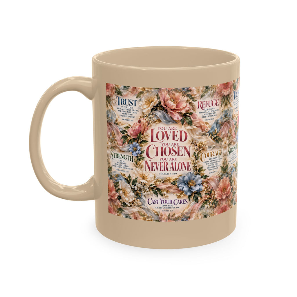 Loved Chosen Never Alone Coffee Mug | Christian Encouragement Gift for Her | Faith Floral Cup