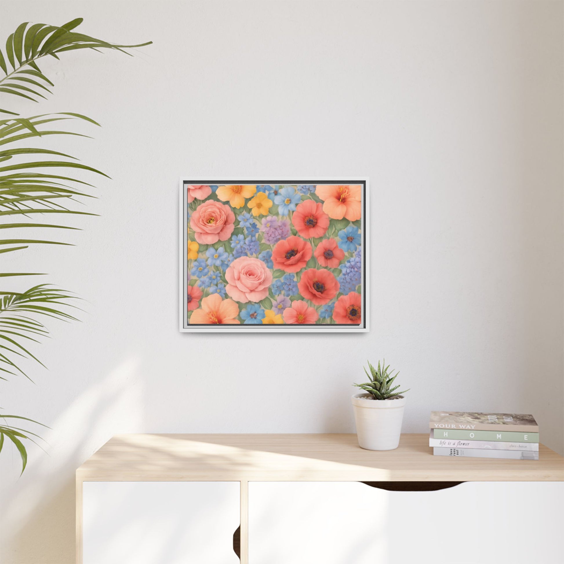 Luxury Framed Floral Canvas – Bold Multi-Color Botanical Wall Art, Elegant Nature-Inspired Accent for Living Room, Bedroom, or Office Décor Gift for Mom