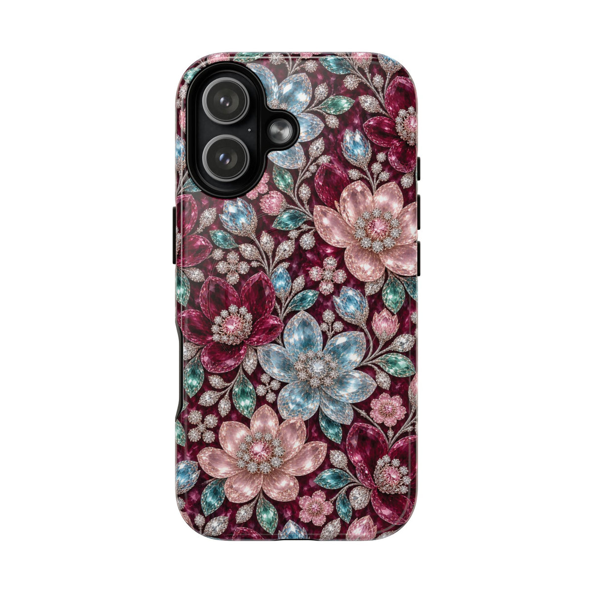 Floral faux Jewel Phone Case Sparkling Burgundy Flower Tough Magnetic Case 18 iPhone