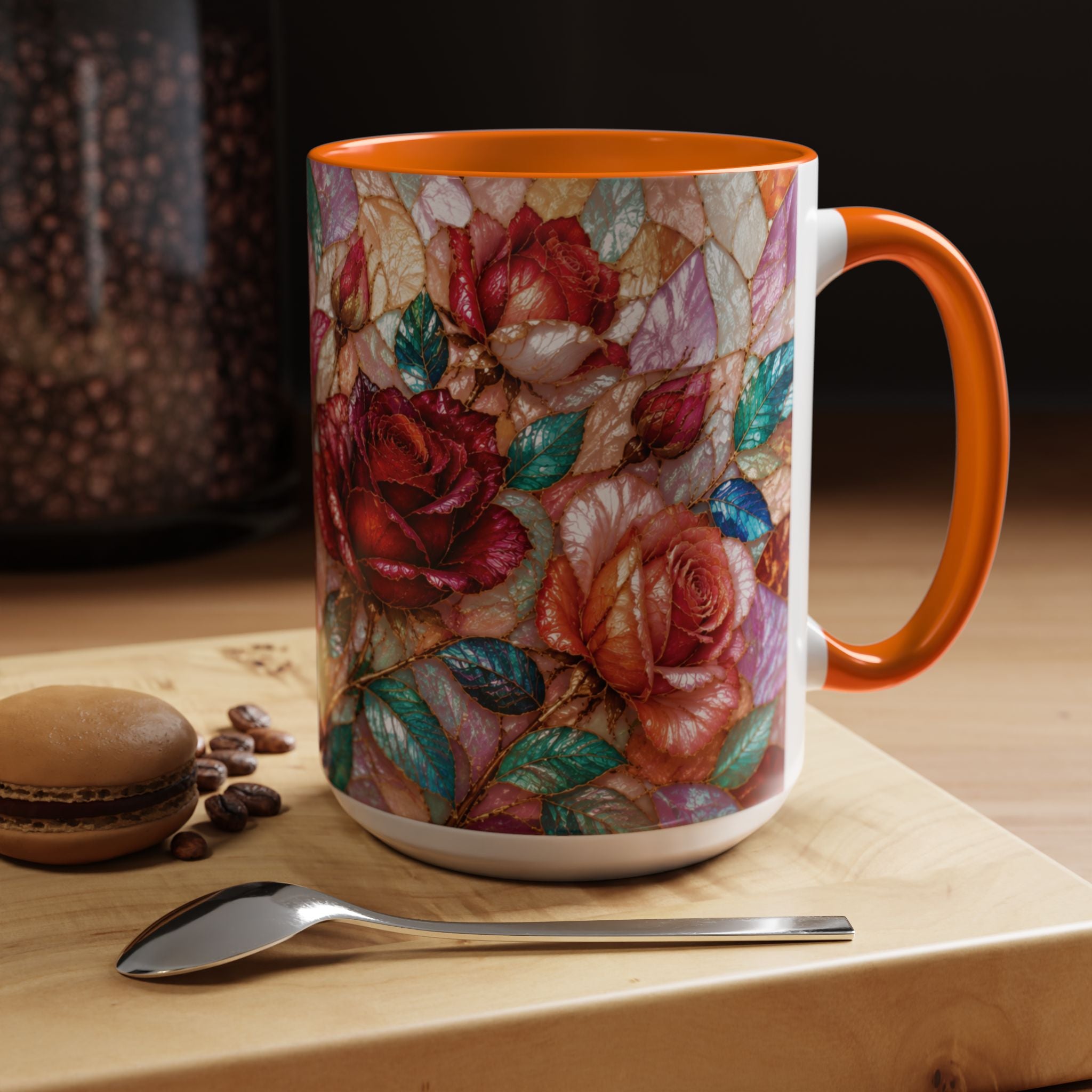 Floral Stained-Glass Accent Coffee Mug Colorful Rose Pattern (11/15 oz) Gift for Her