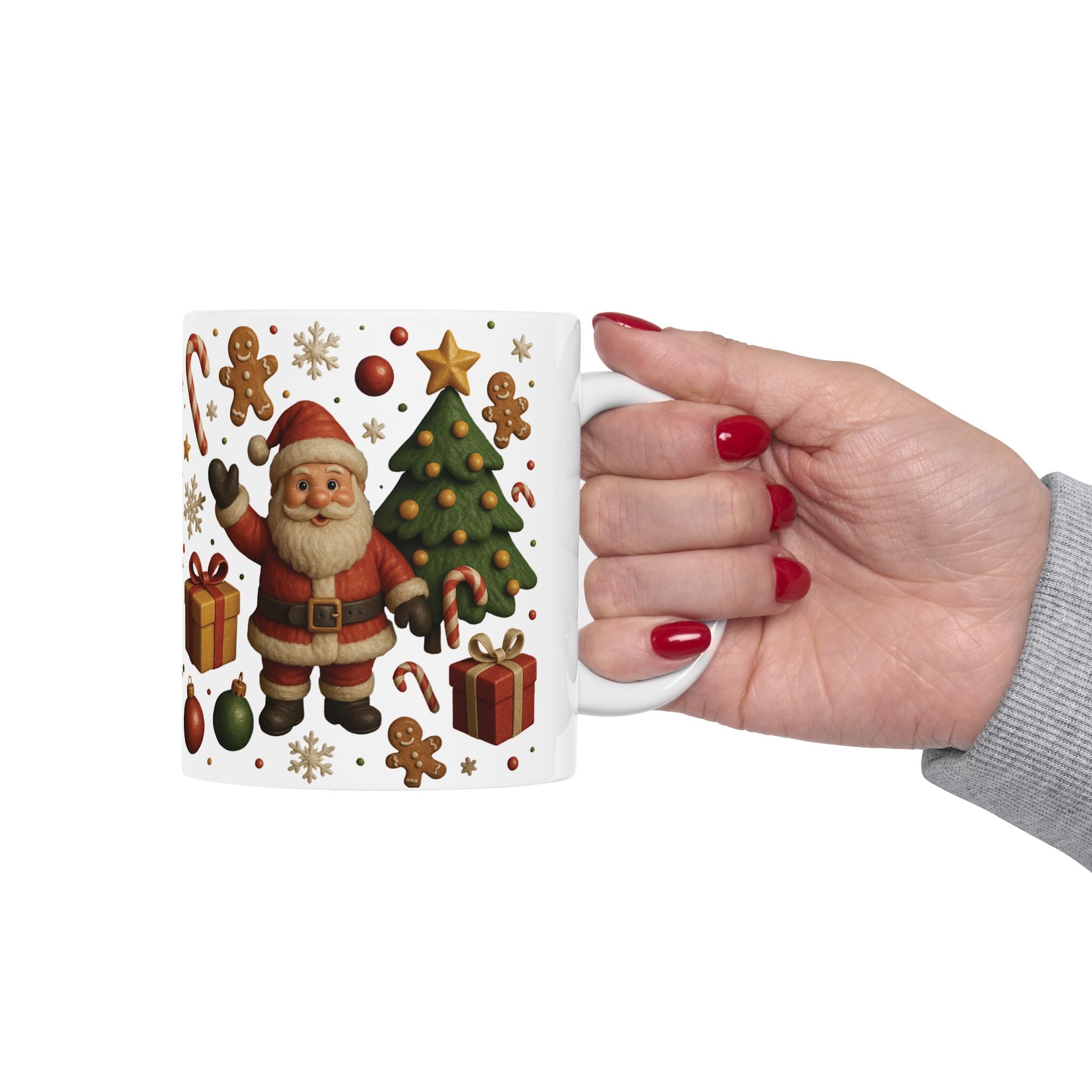 Santa & Tree Christmas Mug 11oz & 15oz Holiday Cup with Gingerbread, Candy Canes, Gifts – Perfect for Cocoa, Coffee, or Winter Mornings