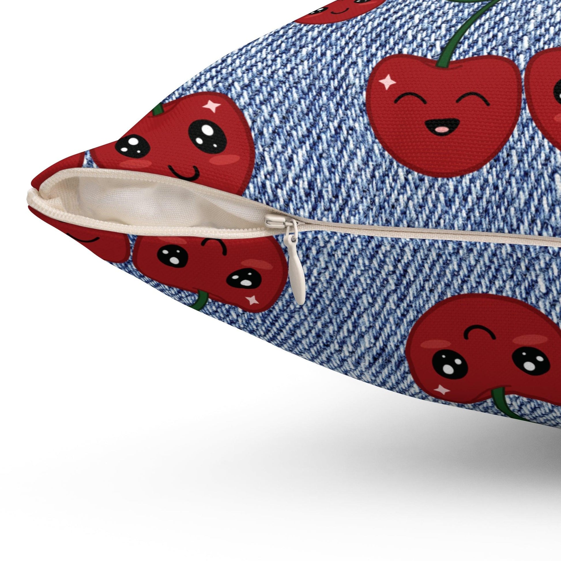 Stylish Square Pillow with Unique Faux Denim Cherry Design Add a Touch of Elegance and Comfort to Your Living Space with Our Soft and Decorative Cushion for Living Room, Bedroom or Housewarming Gift New House, Bridal Shower Gift - MRSBYVALLE