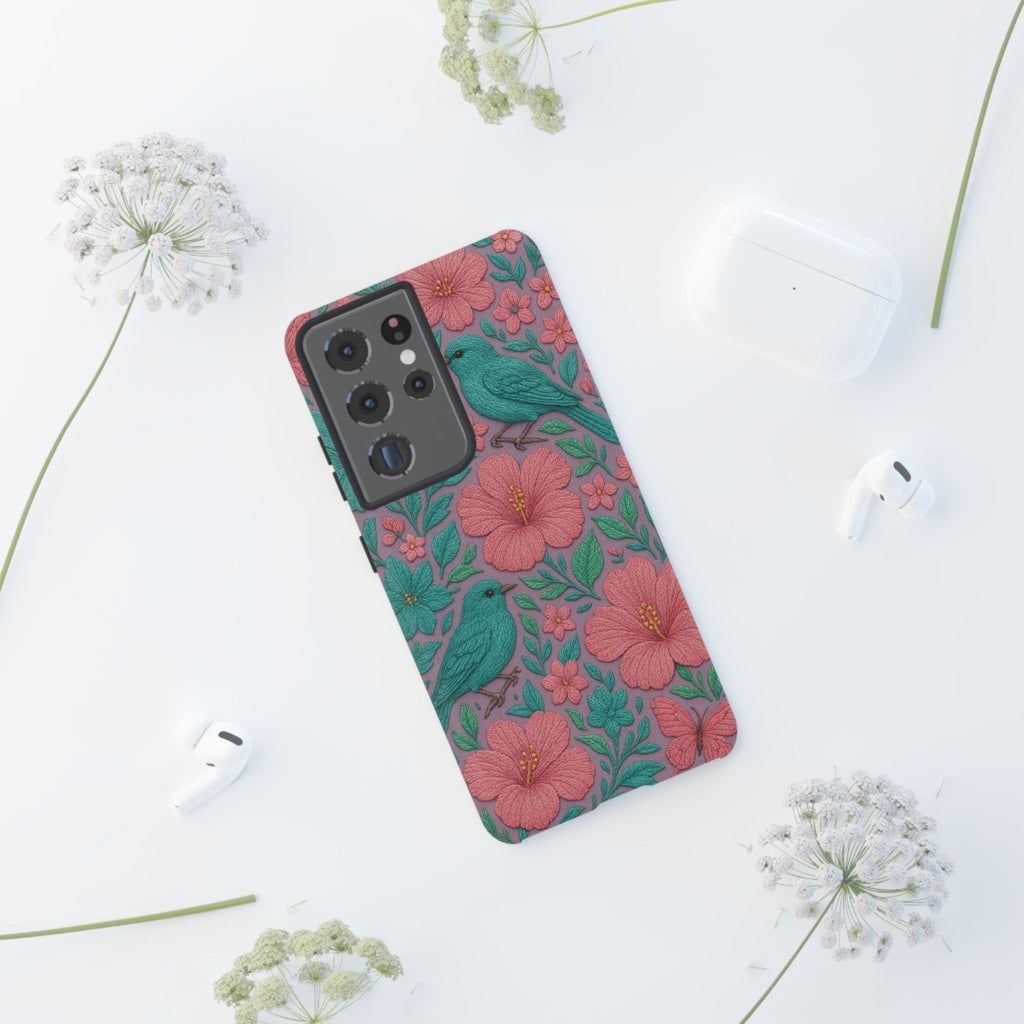 Turquoise, Pink and Lavender 3D Embroidery Illusion Phone Case Tropical Flowers, Birds & Butterflies Cover with Bold, Realistic Floral Texture iPhone, Samsung