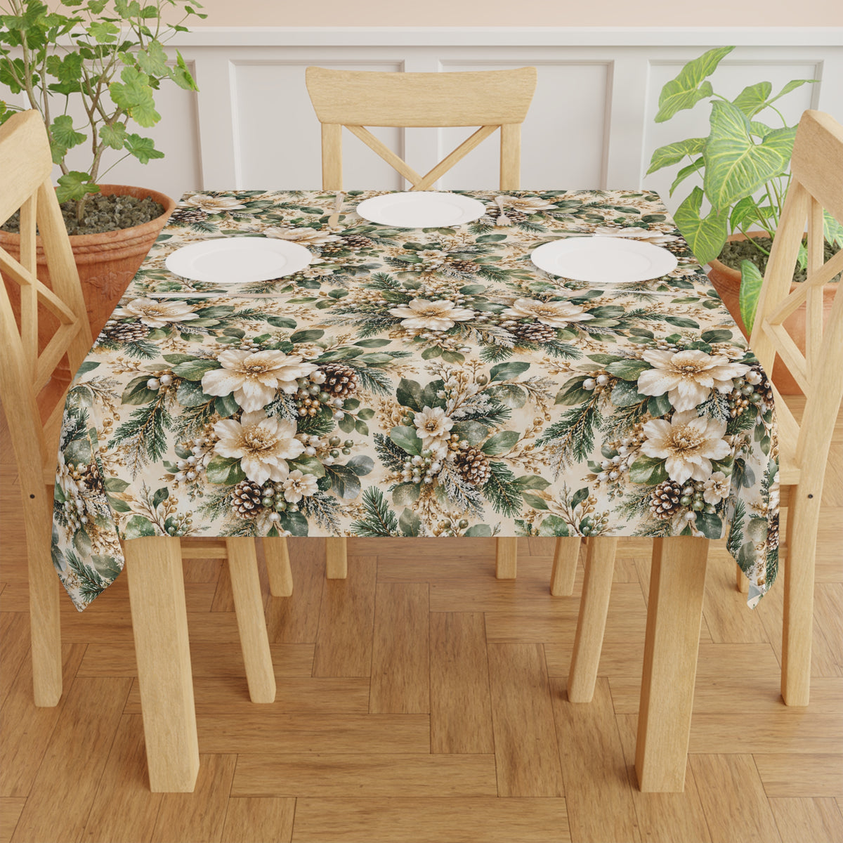 Sage Green & Champagne Floral Square Tablecloth