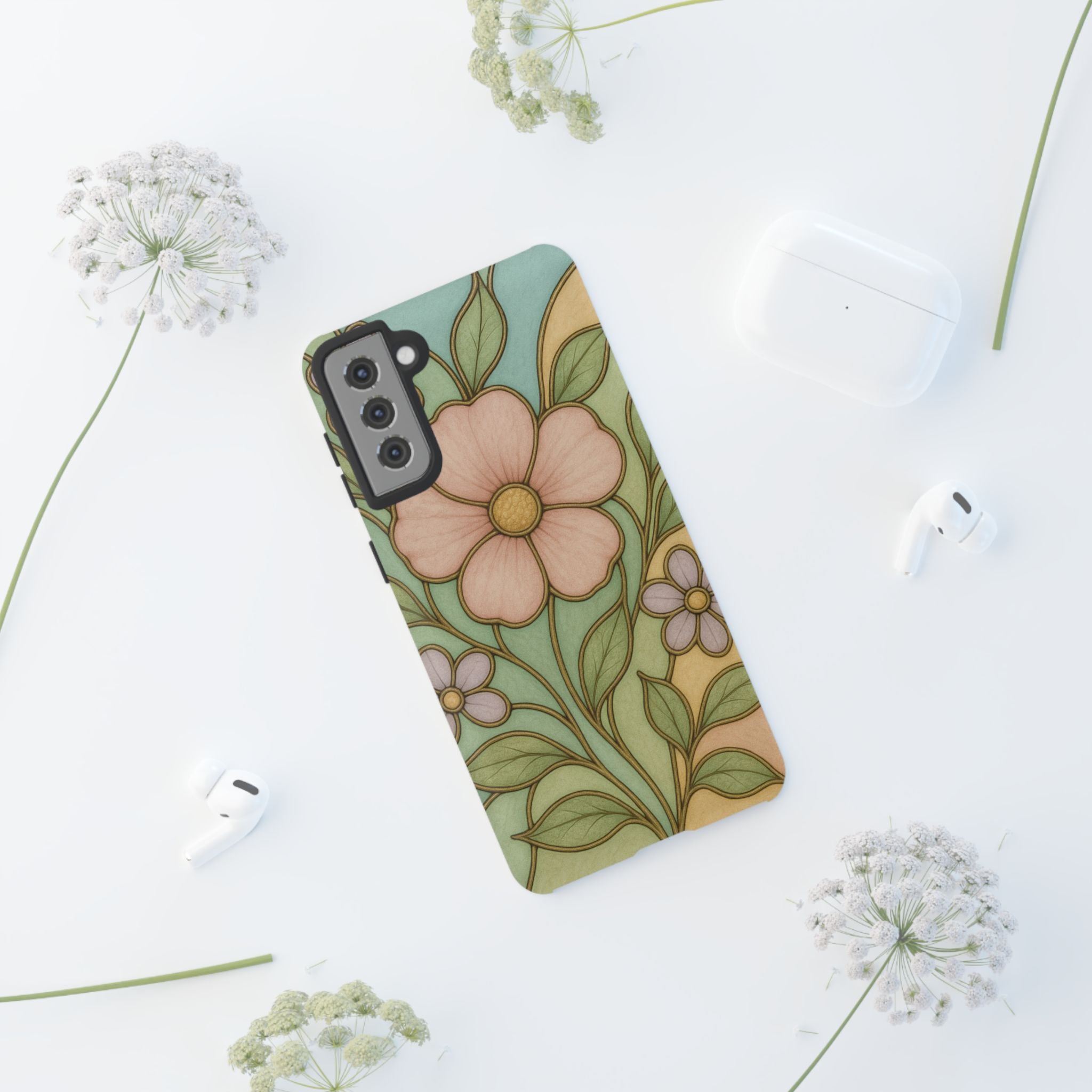 Pastel Pink, Yellow Stain Glass Illusion Floral Phone Case  Romantic Cottagecore Aesthetic, Soft Botanical Design, Protective Gift for Her, Fits iPhone & Samsung Models