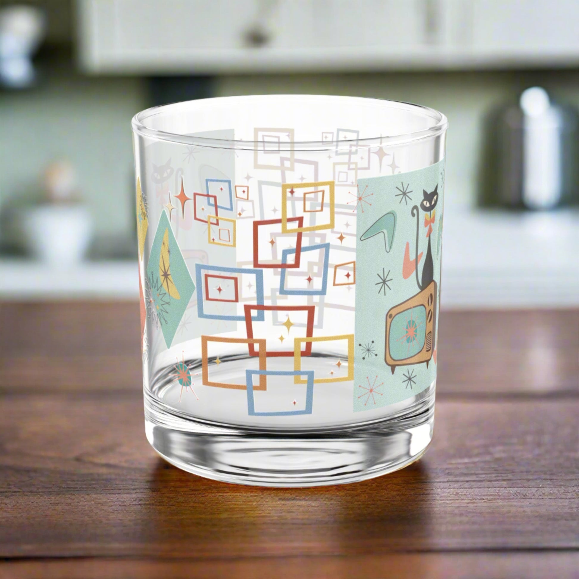 Rocks Glass, 10oz Atomic Cat Mid-Century Modern Retro Style for Cocktails, Mocktails, Beer, and Water Perfect for Every Occasion Mother's Day - MRSBYVALLE