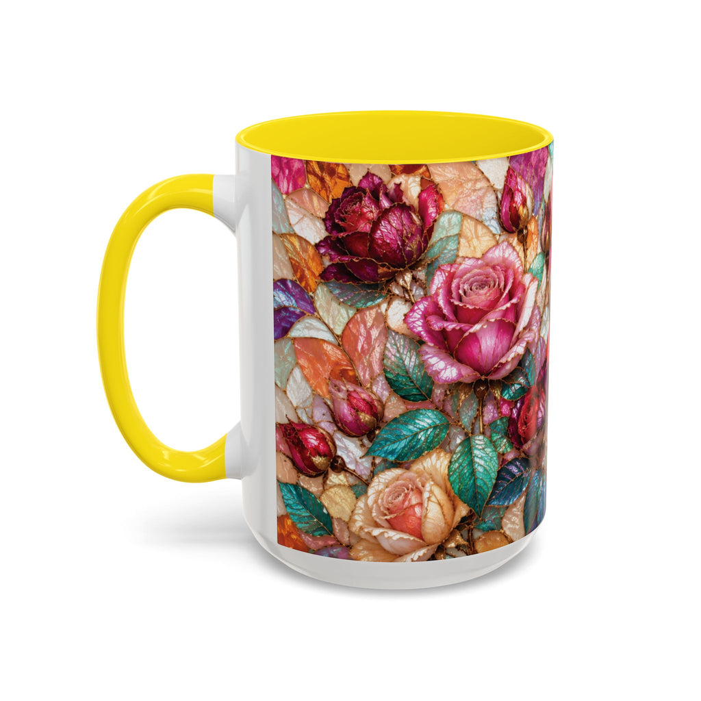 Floral Stained-Glass Accent Coffee Mug Colorful Rose Pattern (11/15 oz) Gift for Her