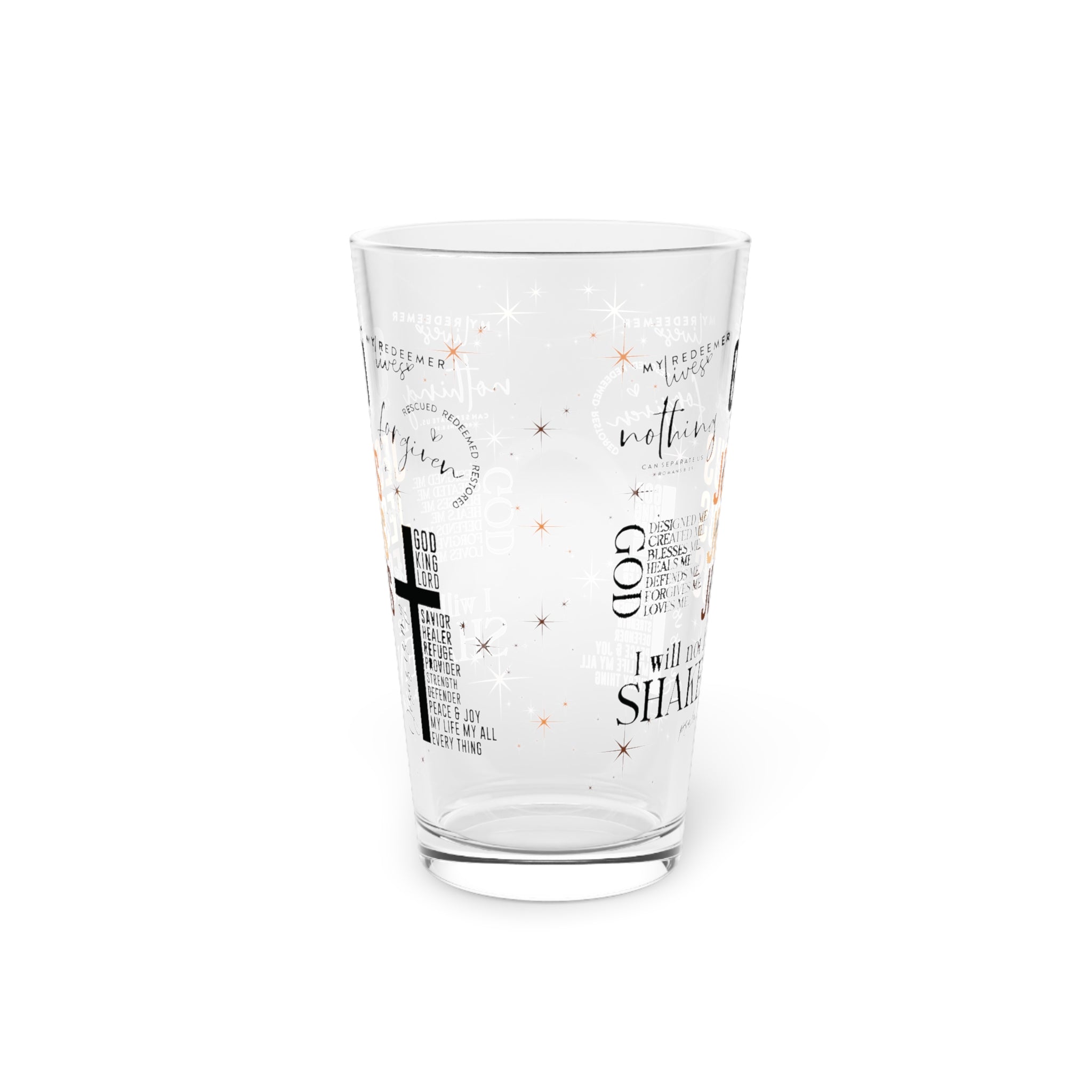 Jesus Quotes 16oz Pint Glass – Scripture Collage, Crystal-Clear Durable Glass, Hand-Wash Only, Christian Gift for Iced Coffee, Lemonade, Soda & Water