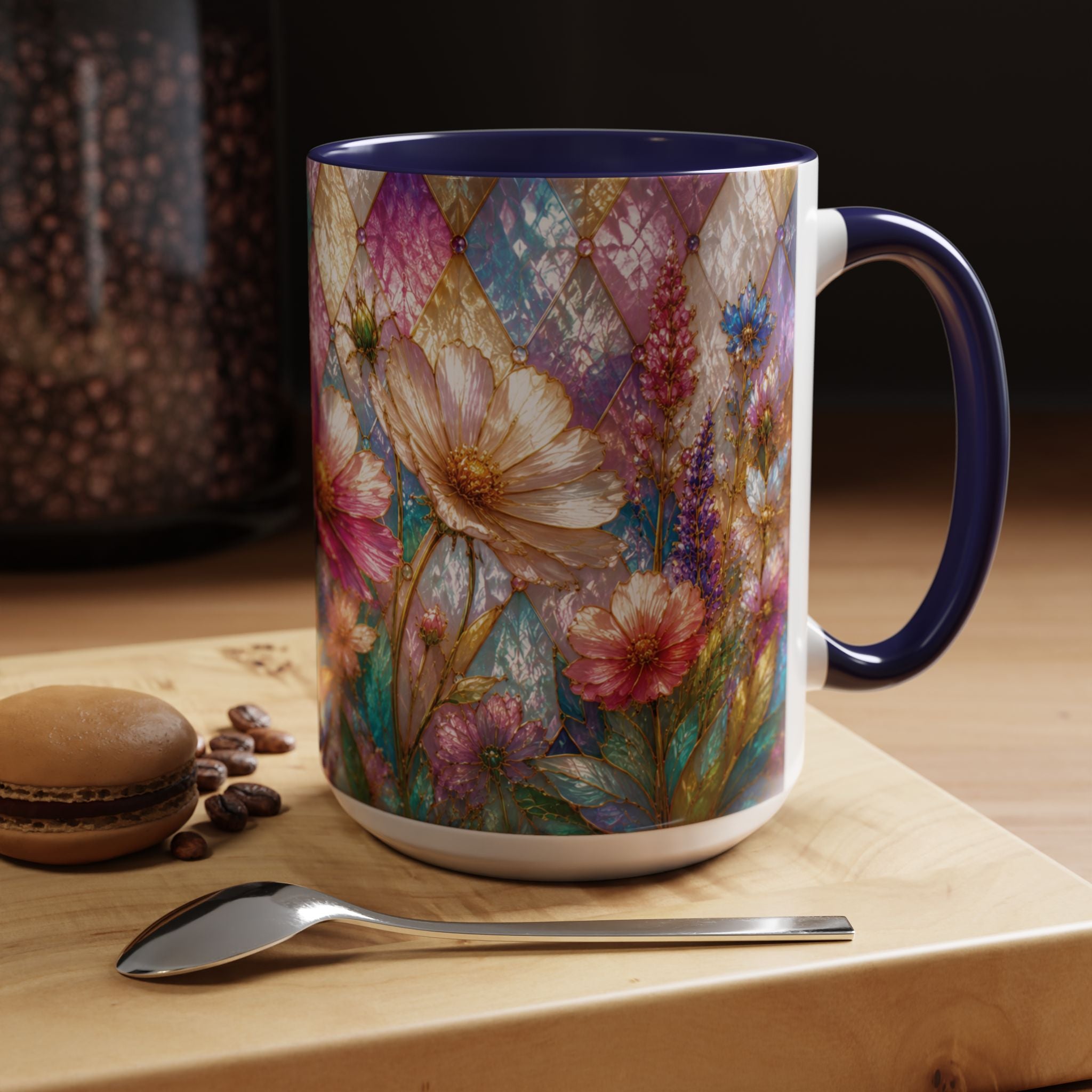 Floral Mosaic Accent Coffee Mug — Colorful Garden Flowers 11/15oz Stain Glass Illusion