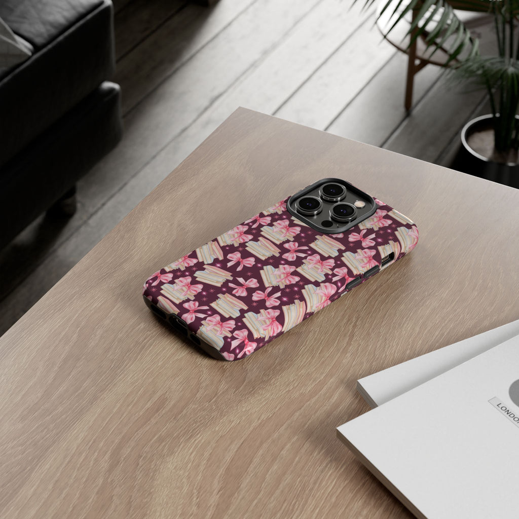Coquette Pink Bows & Books Phone Case for iPhone 16 15 14 13 12  21 23 Samsung, and Pixel | Stylish Protective Cover Gift for Her Perfect for Floral Lover