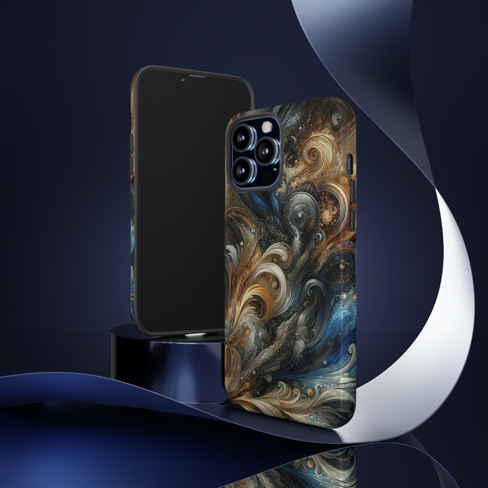 Gold and Navy Art Design Luxury Phone Tough Case Floral Elegant Durable Stylish for Modern Devices iPhone 15, Samsung iPhone Samsung Accessory Gift for Her.