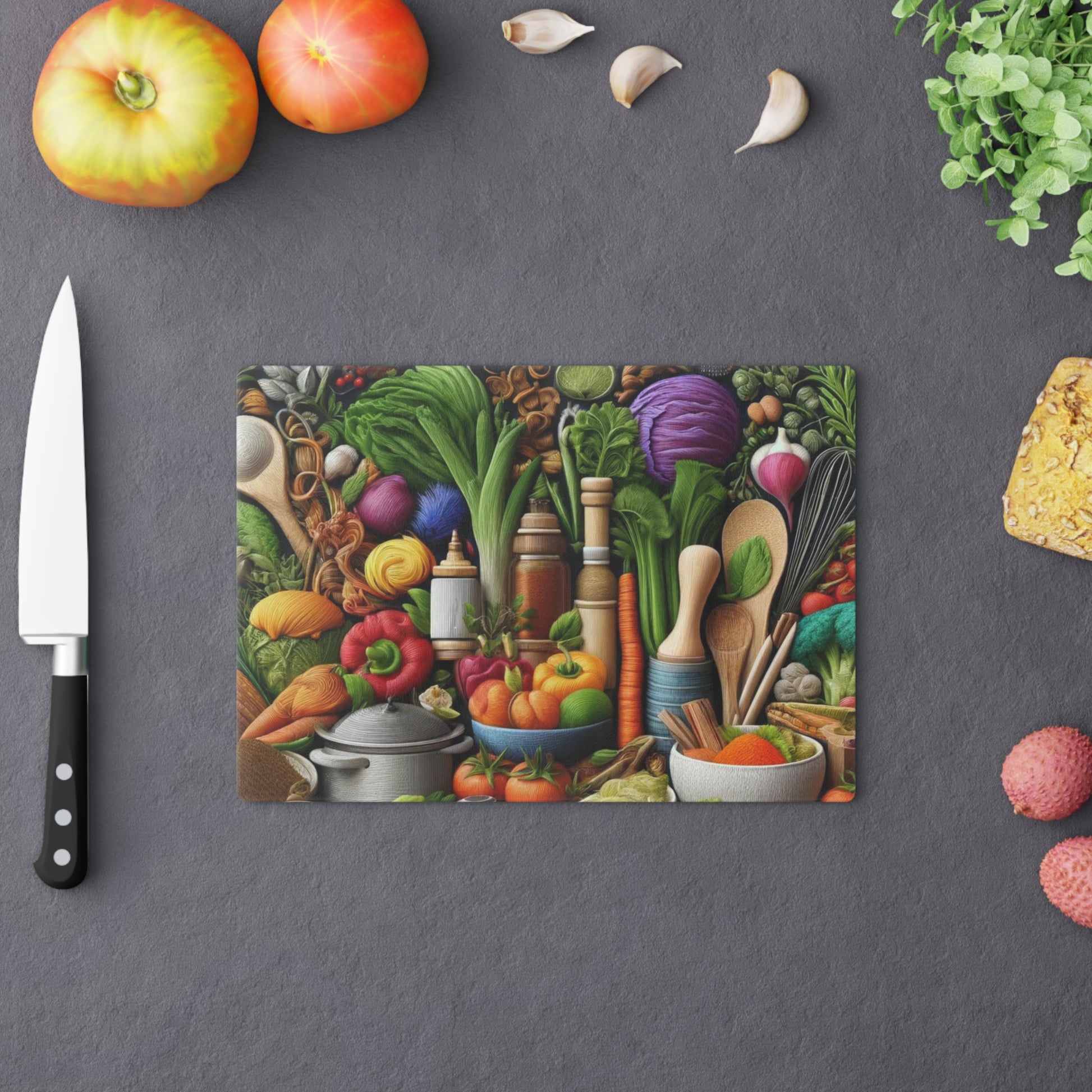 Vibrant Harvest Lively Fruit & Veggie Design Glass Cutting Board for Culinary Inspiration, Housewarming, New House Gift for the Chef or Cook - MRSBYVALLE
