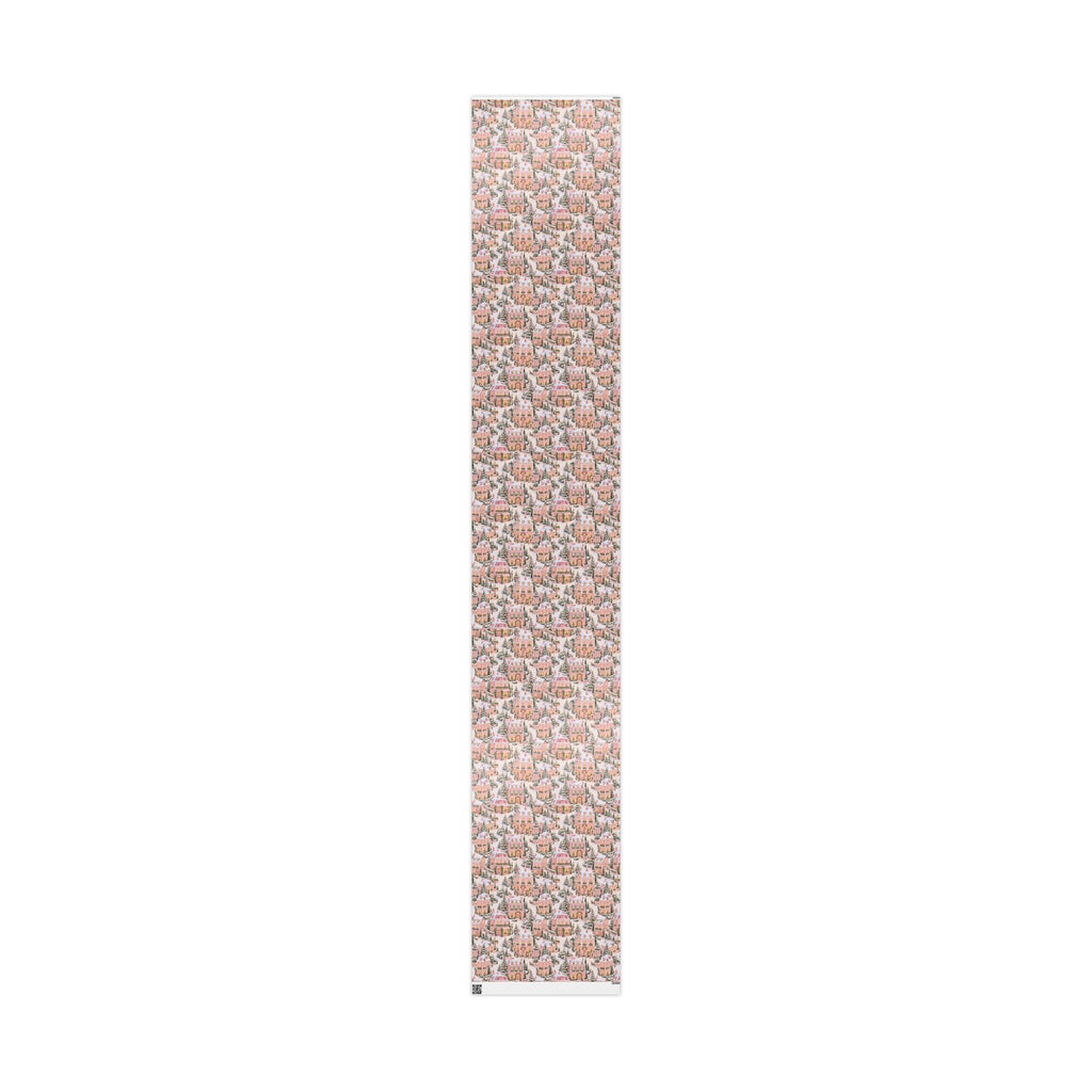 Wrapping Paper — Pink Snowy Village Holiday Gift Wrap (Festive Cottage Pattern)