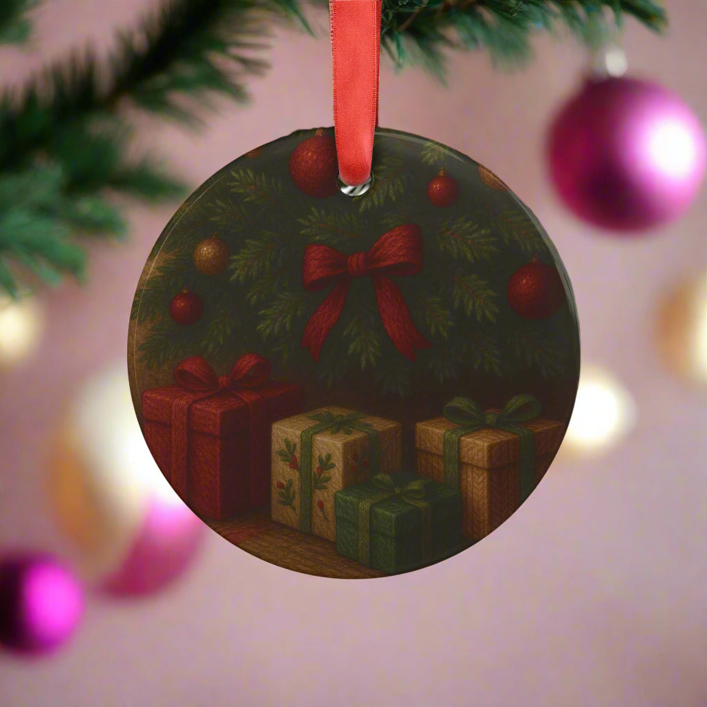 3D Illusion Christmas Ornament Elegant Tree with Gifts Design, Glossy Finish, Acrylic 2.90x2.90 in, Includes Red Ribbon for Hanging Tree Accent Gift for Family