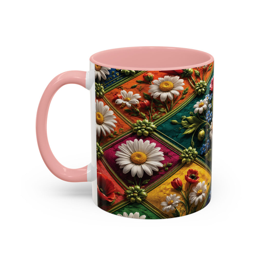 Floral Patchwork Accent Coffee Mug — Colorful Poppies & Daisies (11/15oz) 3D Illusion
