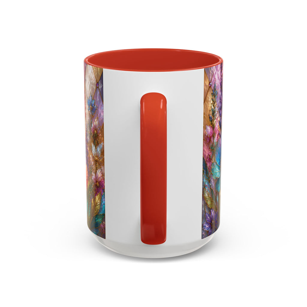 Floral Mosaic Accent Coffee Mug — Colorful Garden Flowers 11/15oz Stain Glass Illusion
