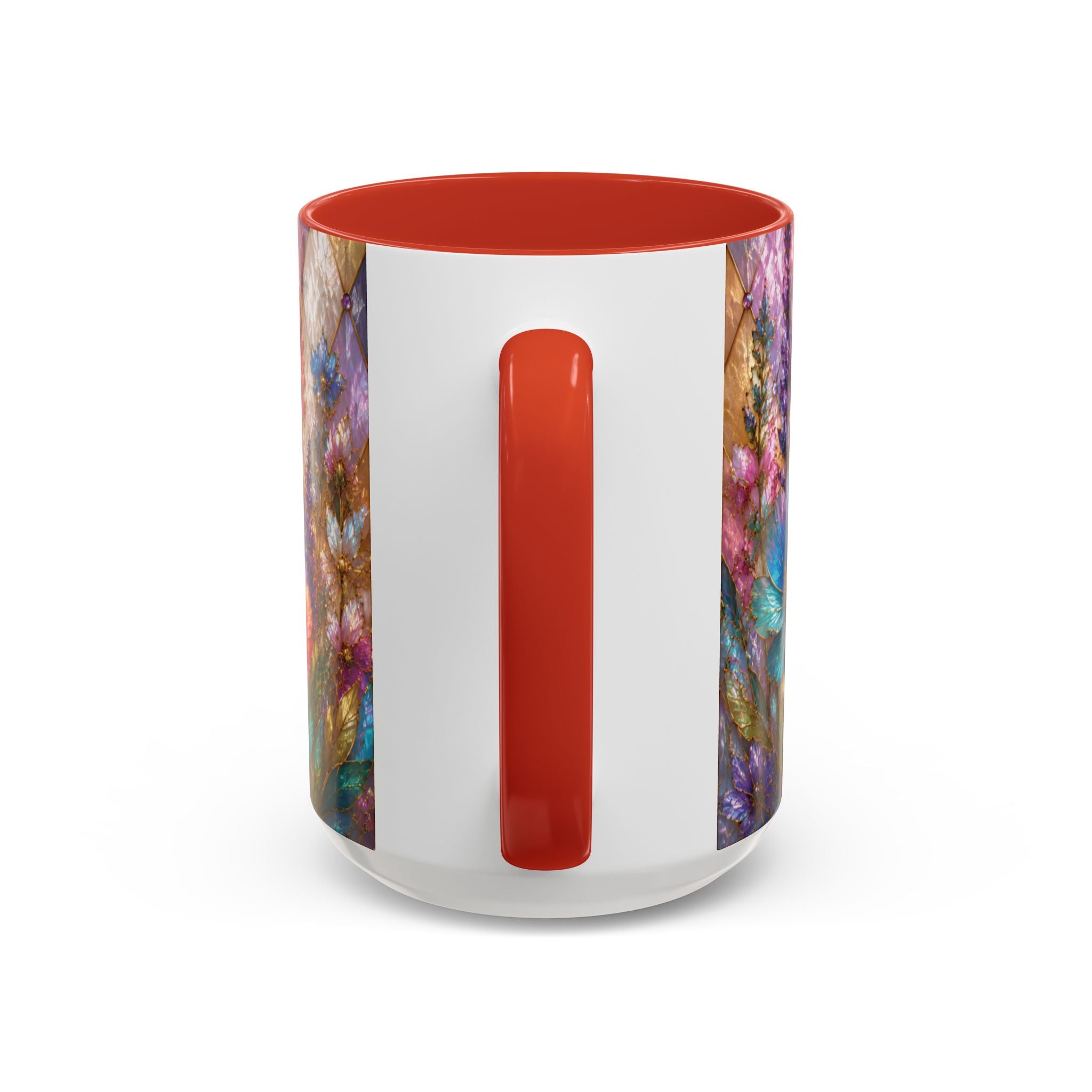 Floral Mosaic Accent Coffee Mug — Colorful Garden Flowers 11/15oz Stain Glass Illusion