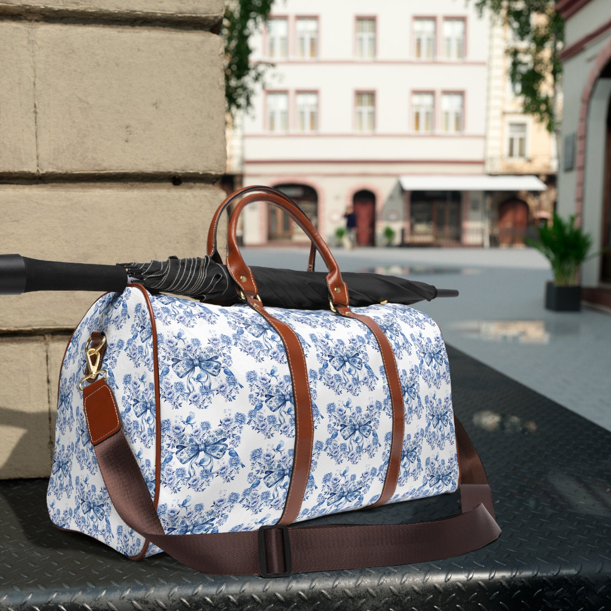 Weekender Bag, Chinoiserie Blue White Travel Bag with Coquette Bows, Lightweight & Spacious, Waterproof Travel Tote for Travelers Overnight Bag for Luxurious and Chic Travel
