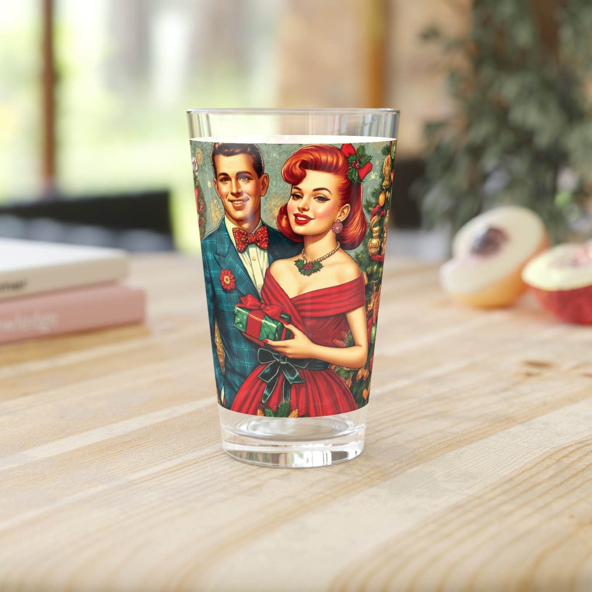 Retro Radiance: 16 oz Pint Glass Featuring 50s Franciscan Diamond Starburst Kitsch Christmas Card Art Party Drinkware, Cocktail Glass Housewarming Perfect Gift Party Drinkware, Cocktail, Wedding Perfect for Parties - MRSBYVALLE