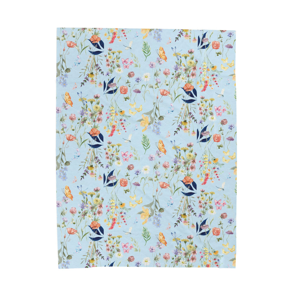 Icy Blue Watercolor Wildflowers Minky Velveteen Plush Blanket